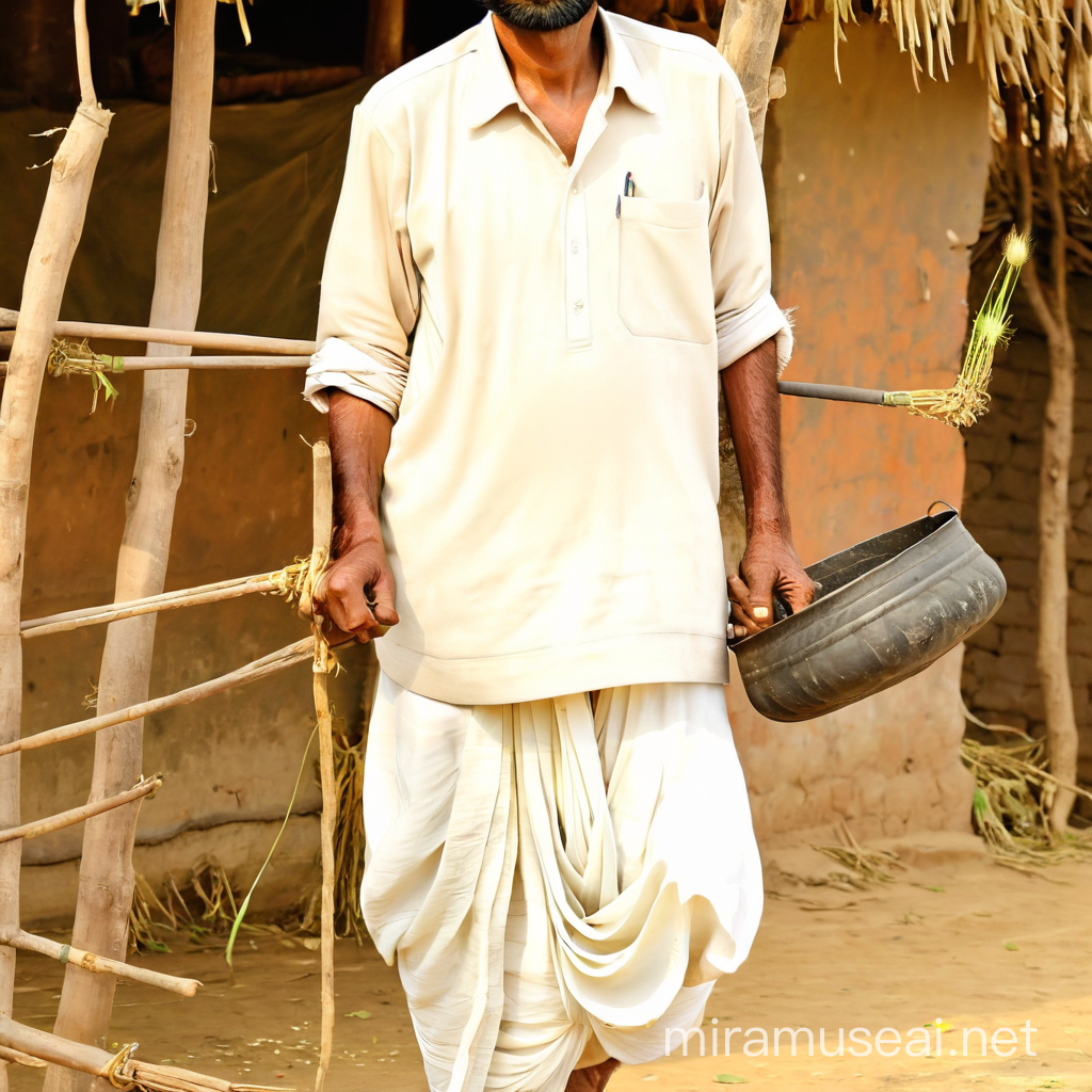 Traditional Indian Farmer Working in Rice Paddy Fields