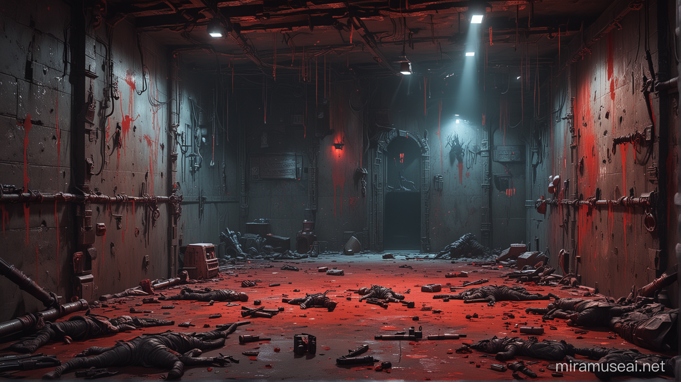 a dungeon with cool colours, there is red lighting and blood splatter, there is a gremlin-like creature lurking in the corner, there are guns laying on the floor, there are dead bodies on the floor