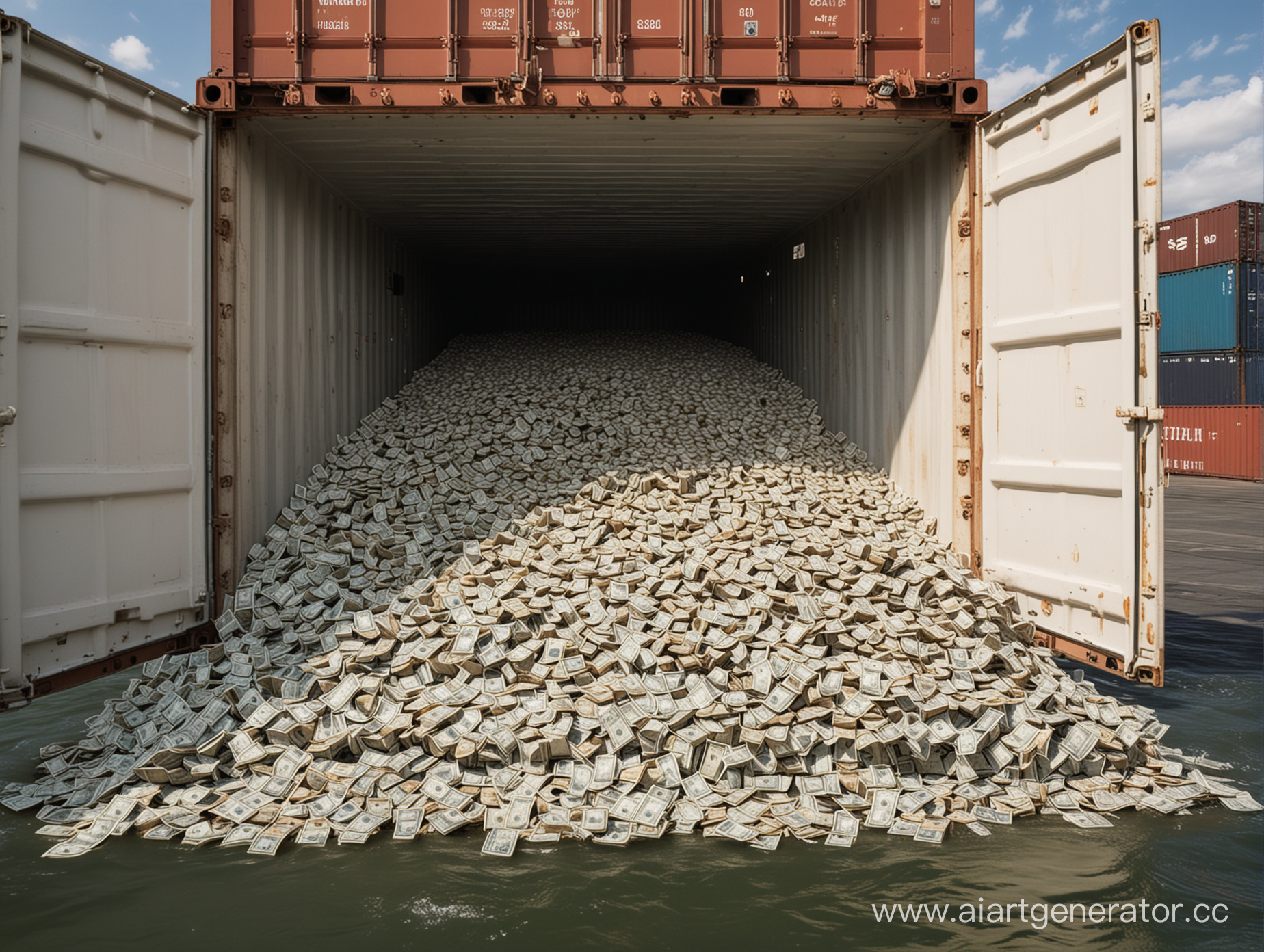 Большой  морской контейнер в грузовом порту полностью заполненный долларами и они высыпаются из него 