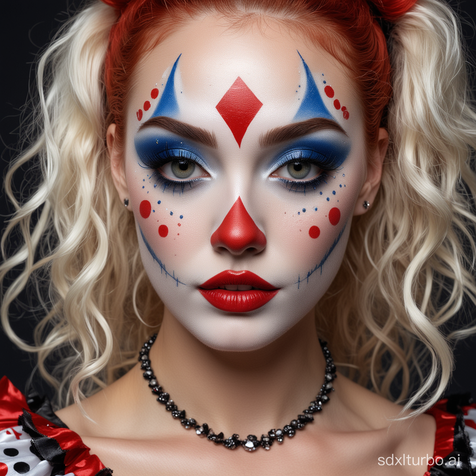 Photo of a Beautiful woman with professionally applied exotic clown make-up. Her face is painted smooth bright white with elongated red and black harlequin designs, Her eyes are evocative, deep blue with exaggerated long white eyelashes, The tip of her nose accented with a red dot, her lips have been drawn in miniature with red paint, her natural hair is vivid red, wavy and carefree, her makeup is flawless, mysterious, --no freckles --chaos 10 --ar 3:4 --style raw --stylize 200