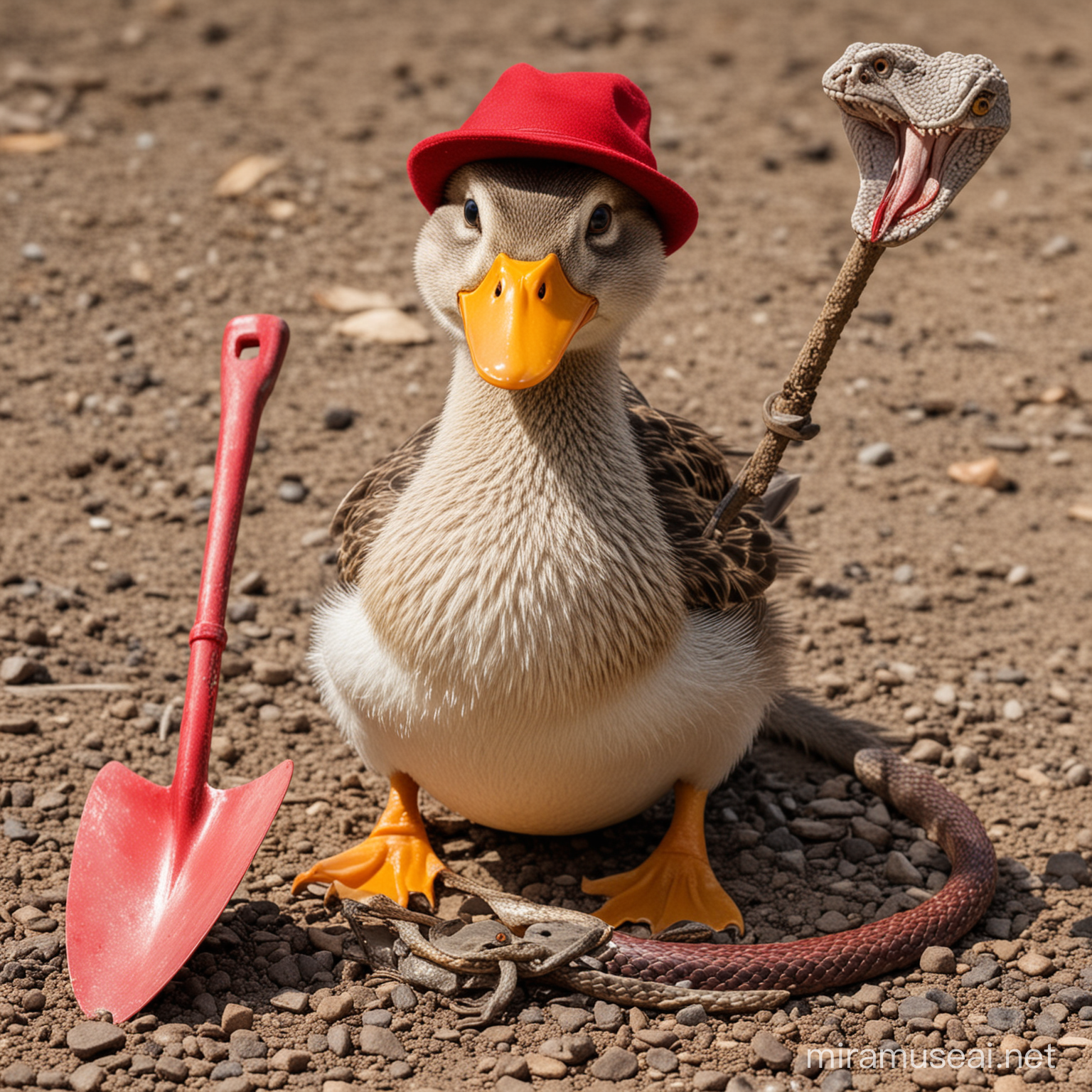 Duck with Red Hat Holding Shovel Next to Dead Snake