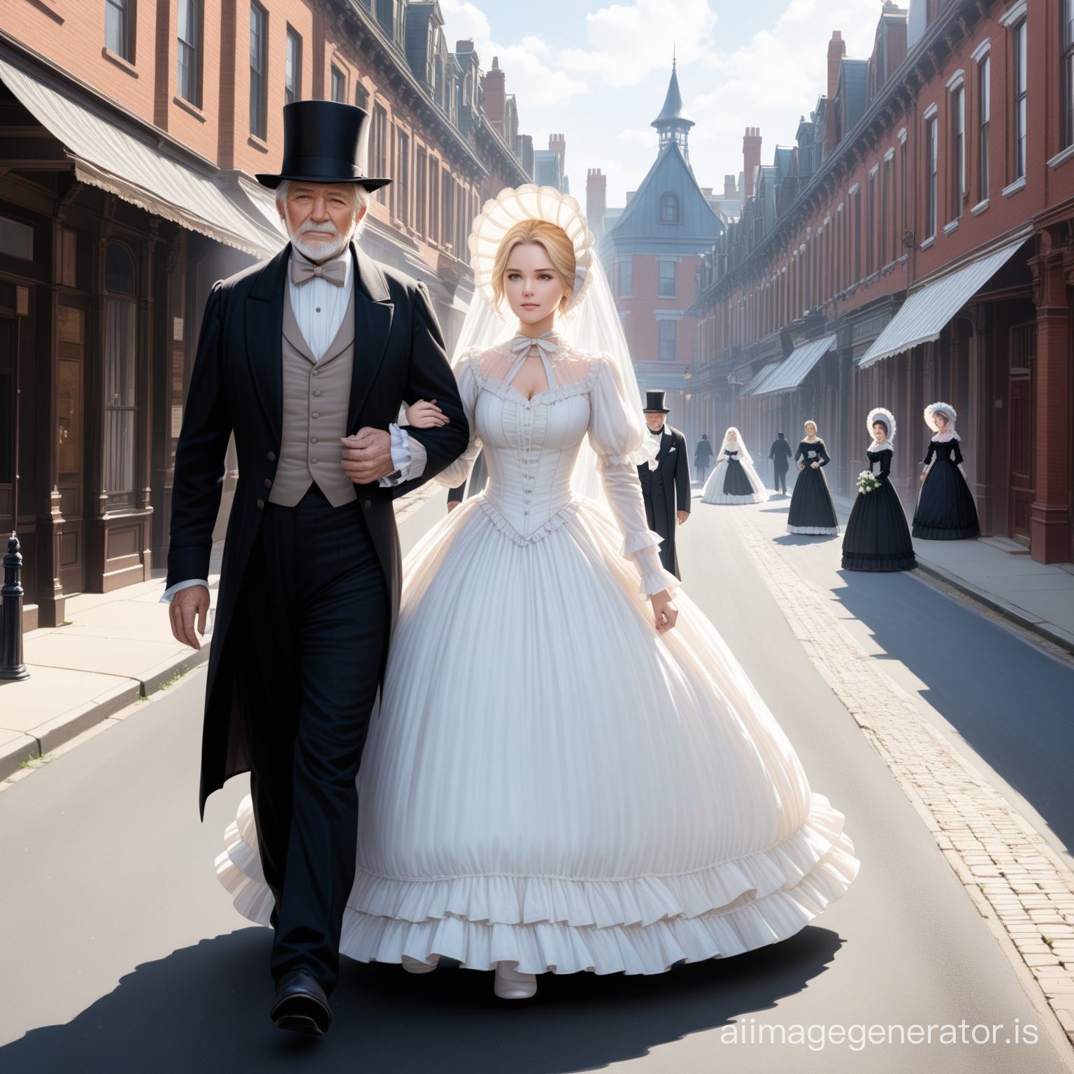 Susan Storm from the FF4 wearing a black floor-length loose billowing 1860 Victorian crinoline poofy dress with a frilly bonnet walking on a Victorian era street with an old man dressed into a black Victorian suit who seems to be her newlywed husband