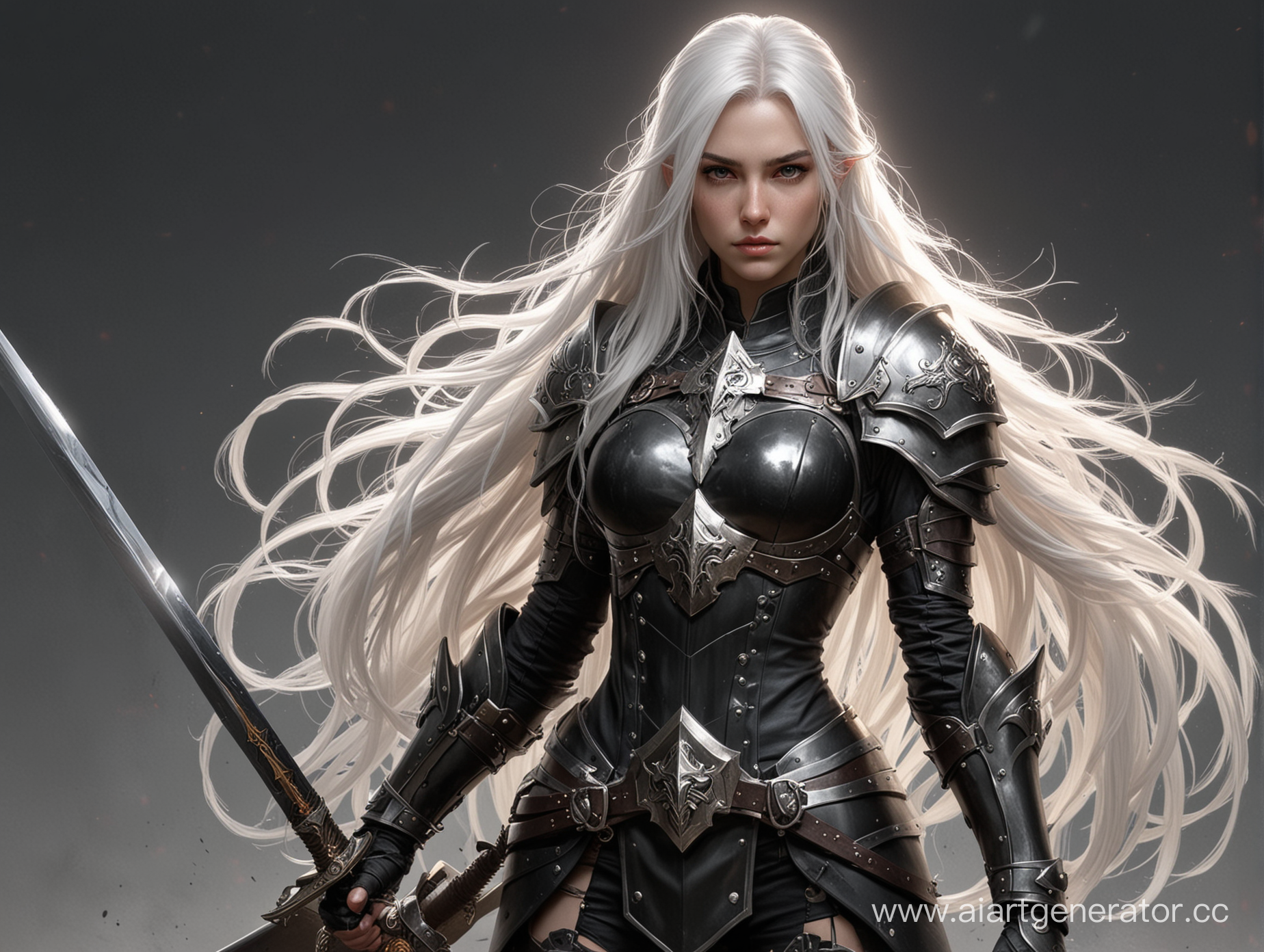 Девушка паладин в черных доспехах, длинные белые волосы, в руках меч и щит, взгляд серьезный