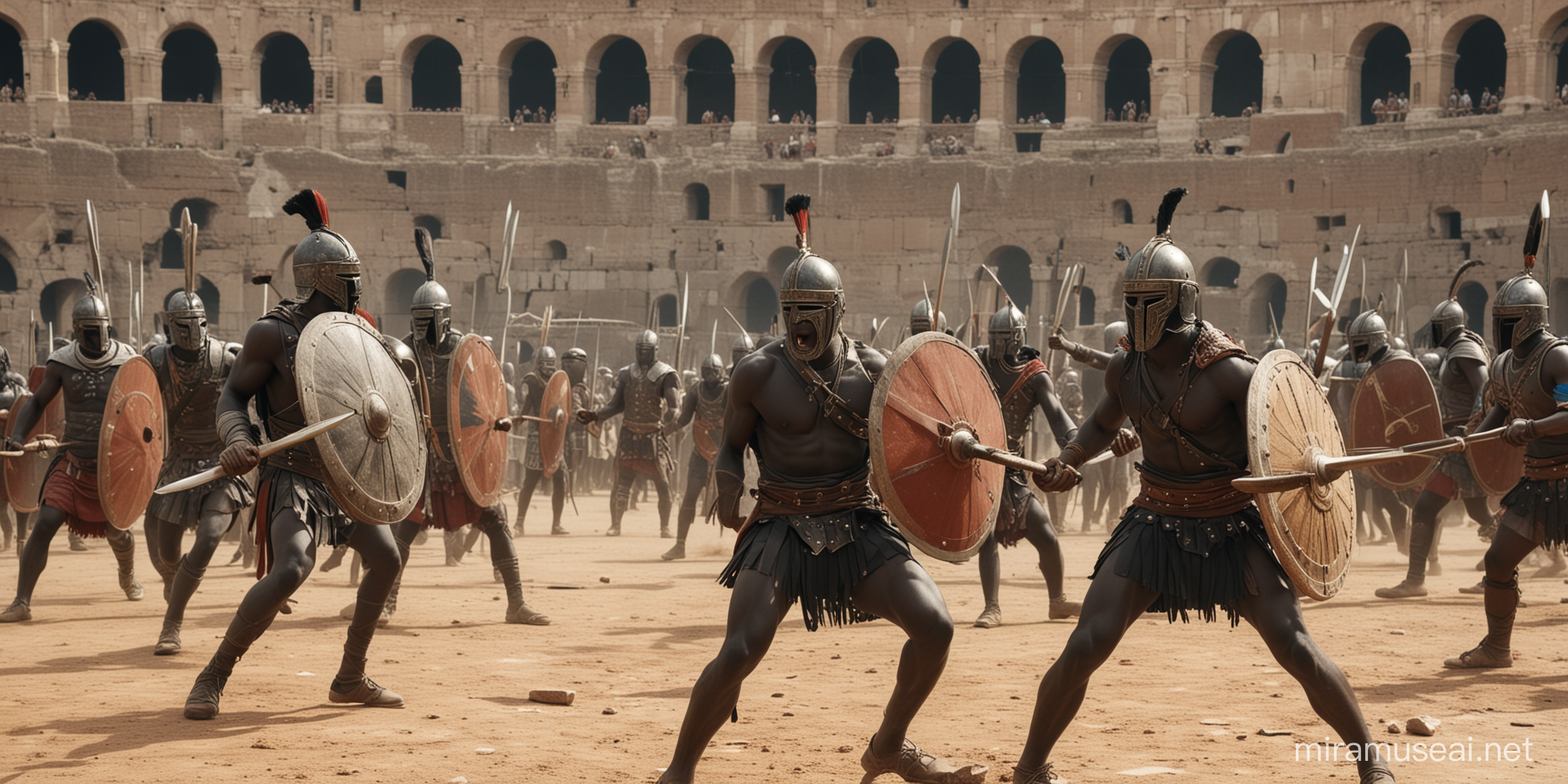 group of Nuer warriors fighting in colosseum against european barbarians