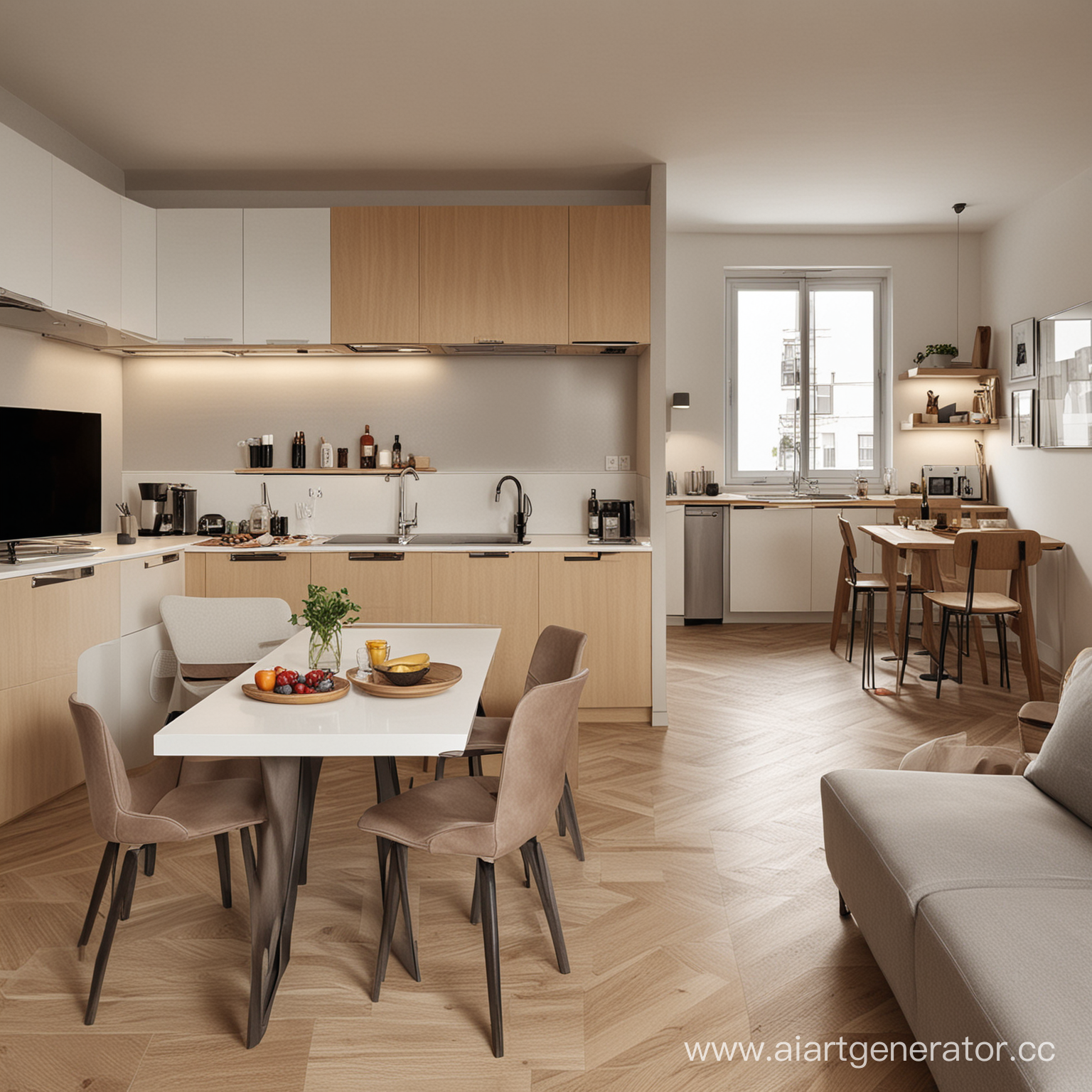 Дизайн квартиры Интера гостиной совмещенной с кухнец