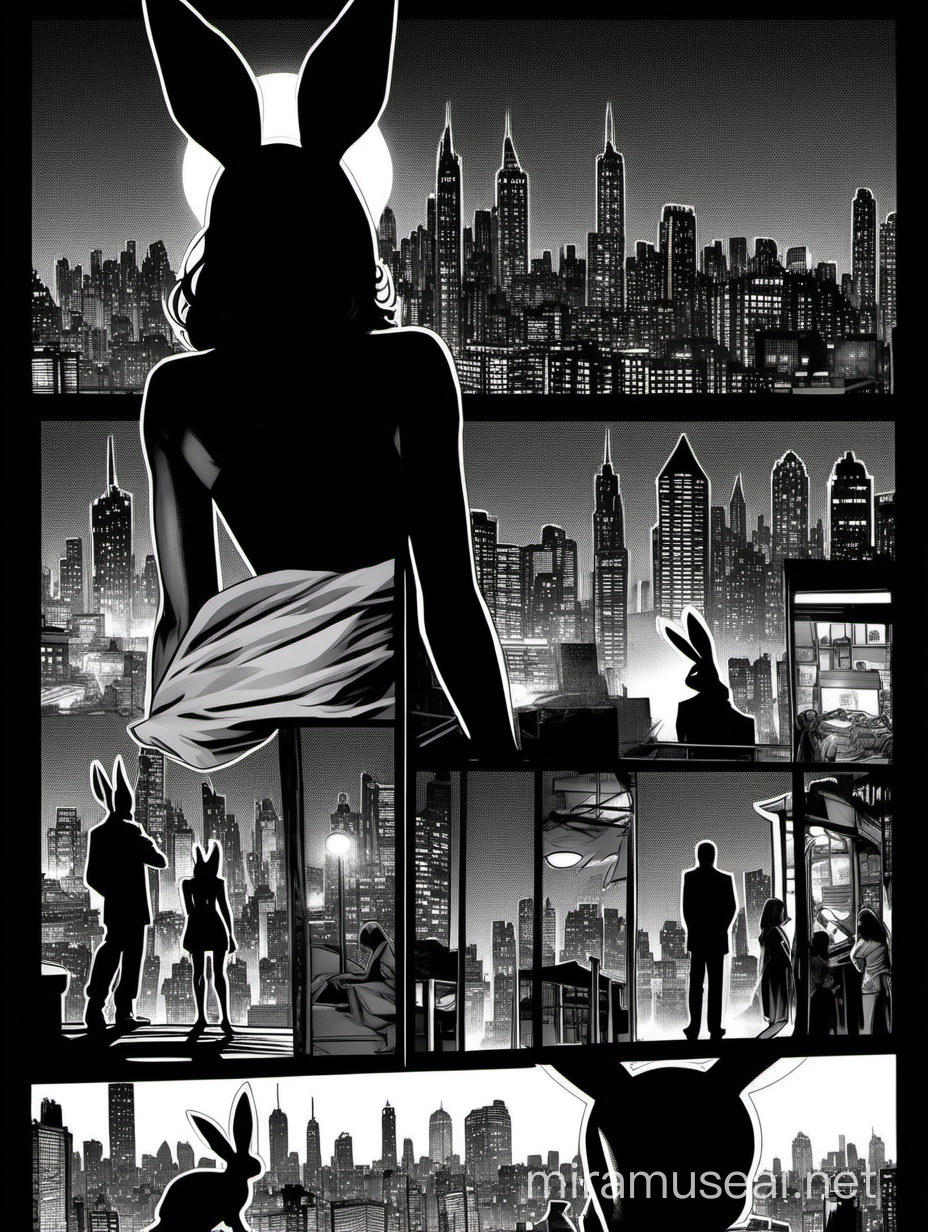 Комикс: Чёрно-белый нуарный,  эротический комикс. Главный герой - девушка в черной маске кролика. Она на переднем плане. Сзади силуэт ночного города