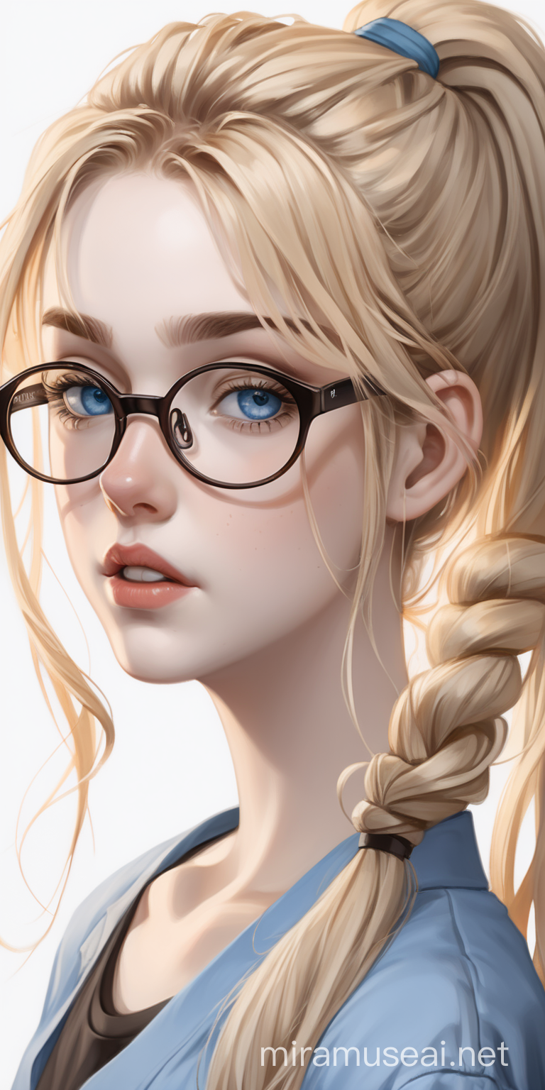 A girl with blue eyes, pale skin and messy blonde hair tied in a loose side  ponytail, she's wearing eyeglasses.
