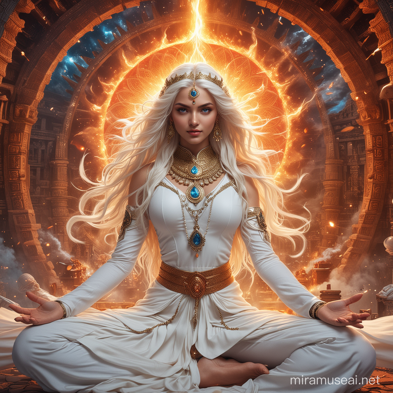 Young Empress Goddess Surrounded by Cosmic Energy and Hindu Deities in Lotus Position