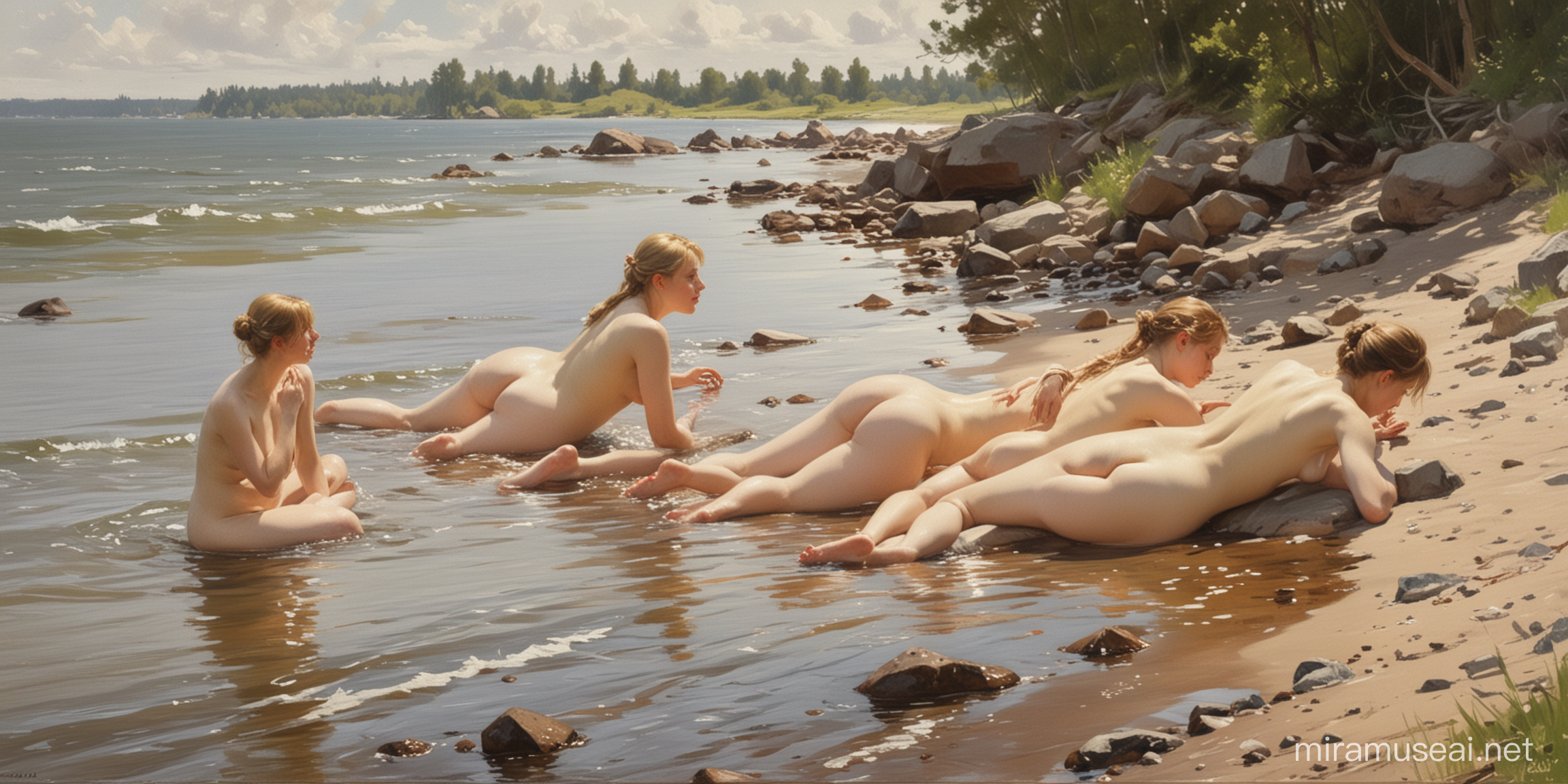 Naked Girls Bathing Serene Shoreline in the Style of Anders Zorn
