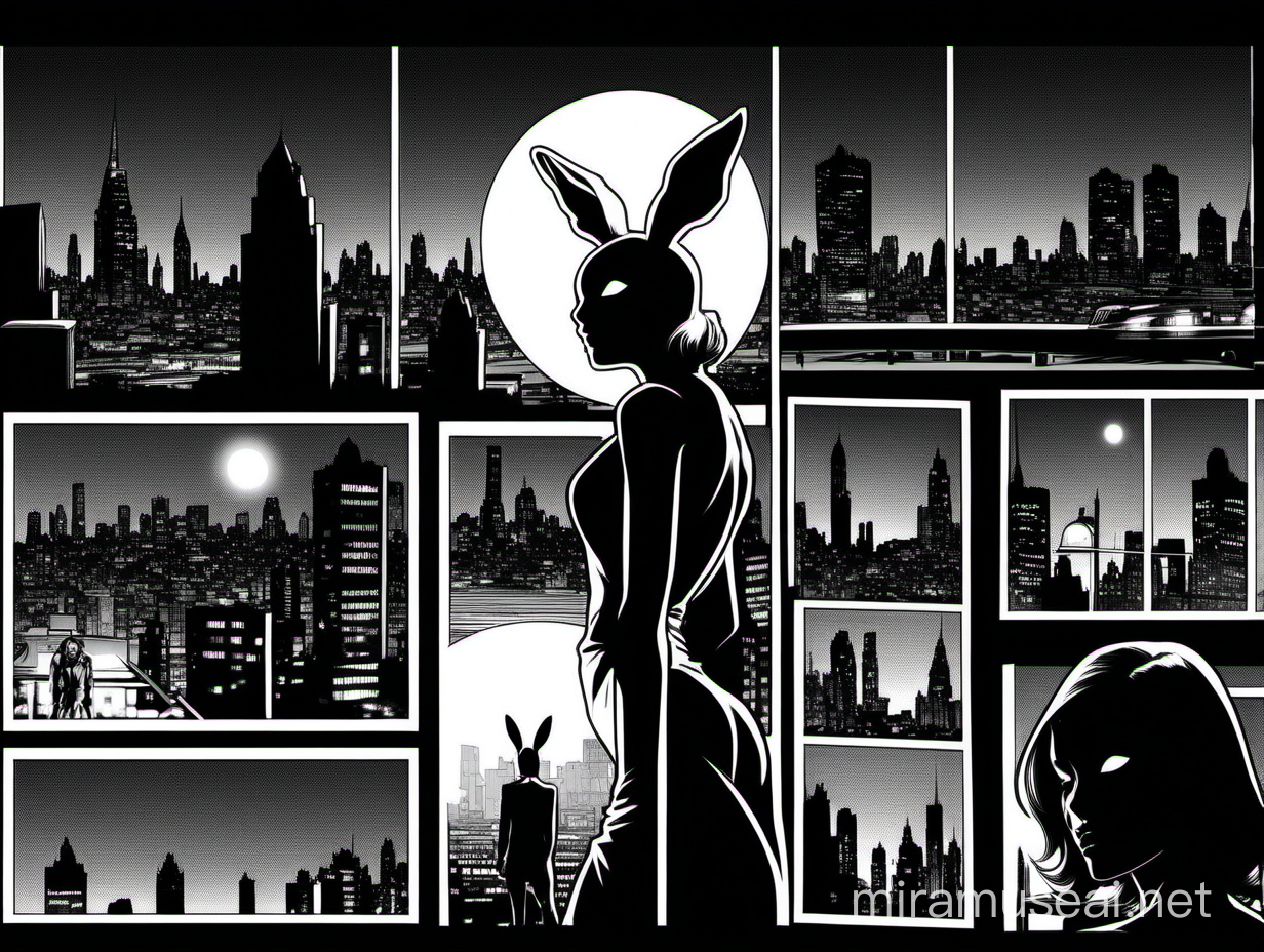 Комикс: Чёрно-белый нуарный,  эротический комикс. Главный герой - девушка в черной маске кролика. Она на переднем плане. Несколько историй в черных рамках. Сзади силуэт ночного города