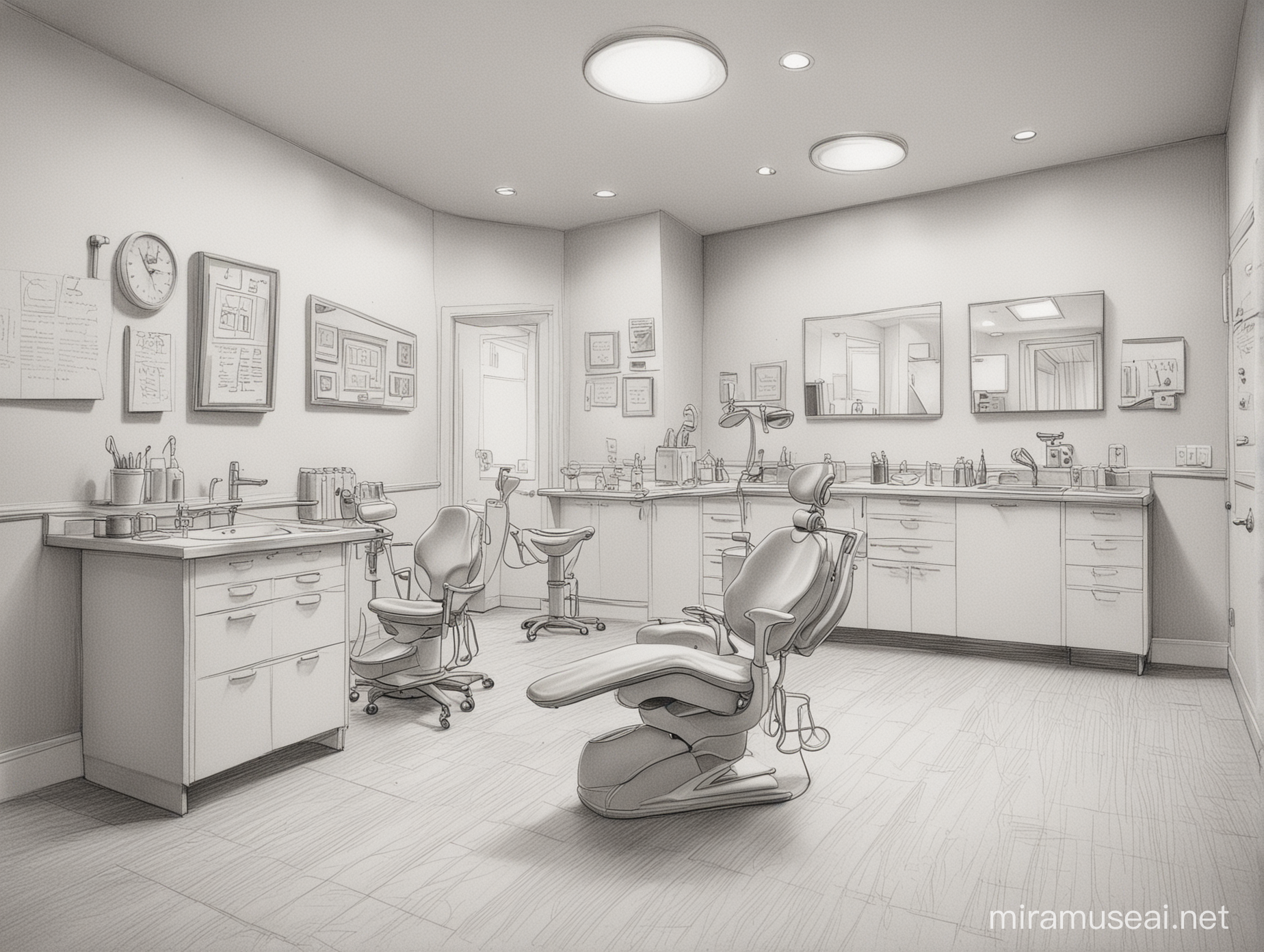 Professional Dentist Examining Patient in Sketch of Dental Office