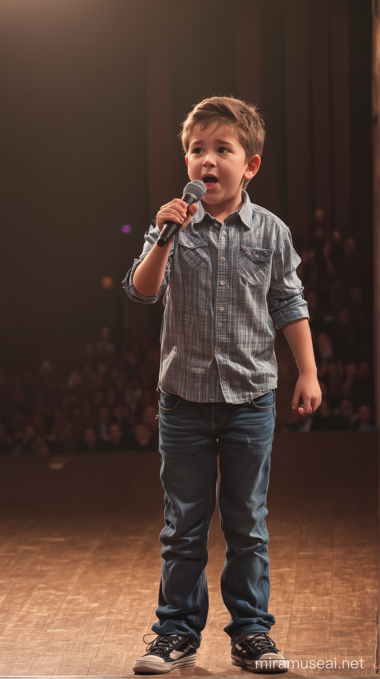 a boy with a microphone in his hands performs on stage in a theater in front of adults.