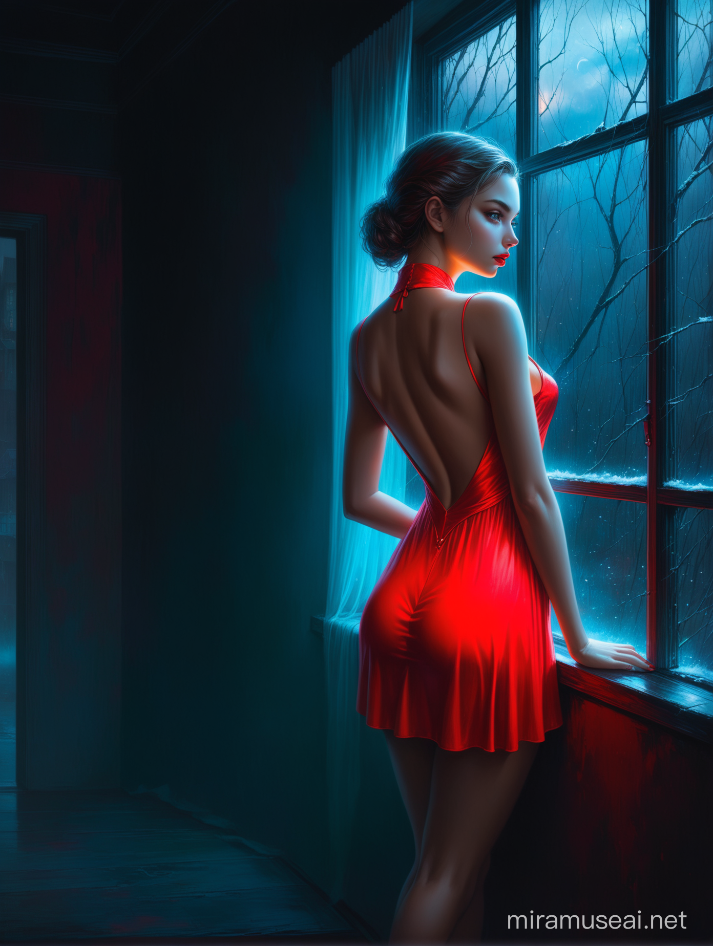 Glamorous Woman in Red Fur Dress Gazes Out Window in Neonlit Fantasy Scene