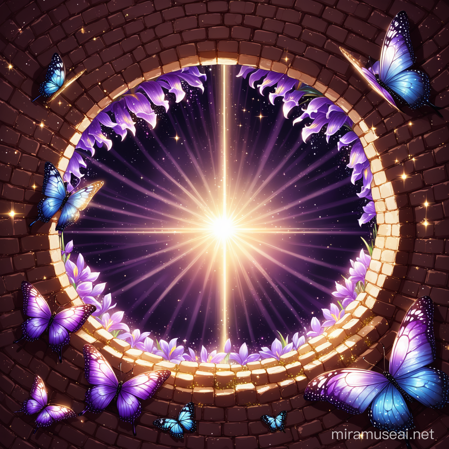  big blasted brick hole in wall, detailed wing butterfly beautiful iris sun rays beautiful forest inside the hole, glitter, sparkle, shine, deep dark purple, mother of pearl white, black, coral, gold