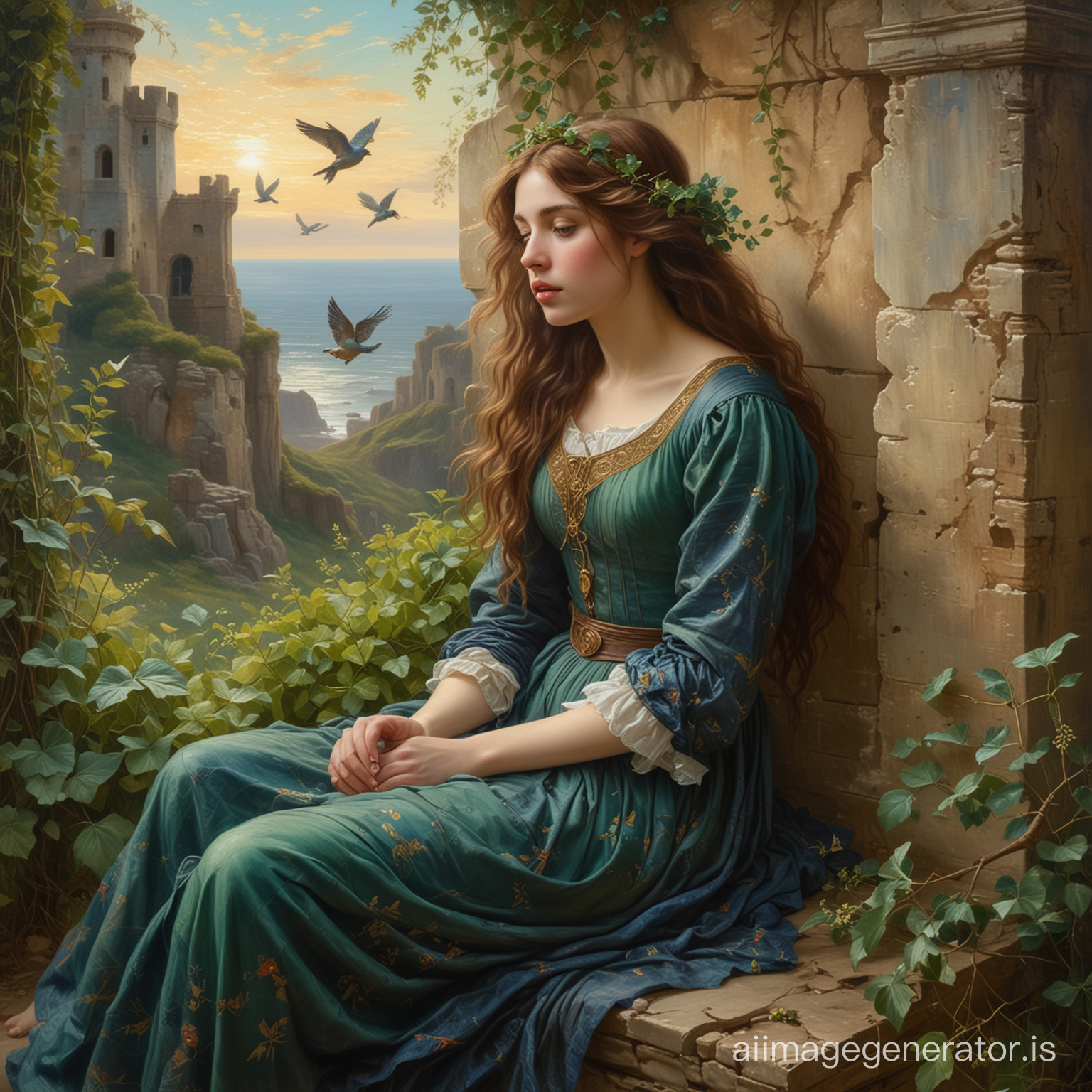 Pre-Raphaelite painting, full-length woman 20 years old, sitting on a stone in the ruins of an old castle overgrown with hedera, diagonal angle, wind ruffles dark wavy hair, dark green loose dress made of heavy fabric with a blue pattern without a belt, soft, warm sunlight illuminates green hedera, makes a woman's hair bright, large facial features, thick lips, a bird flies in the sky, oil on canvas, brush strokes, texture, golden ratio, style of the artist Waterhouse