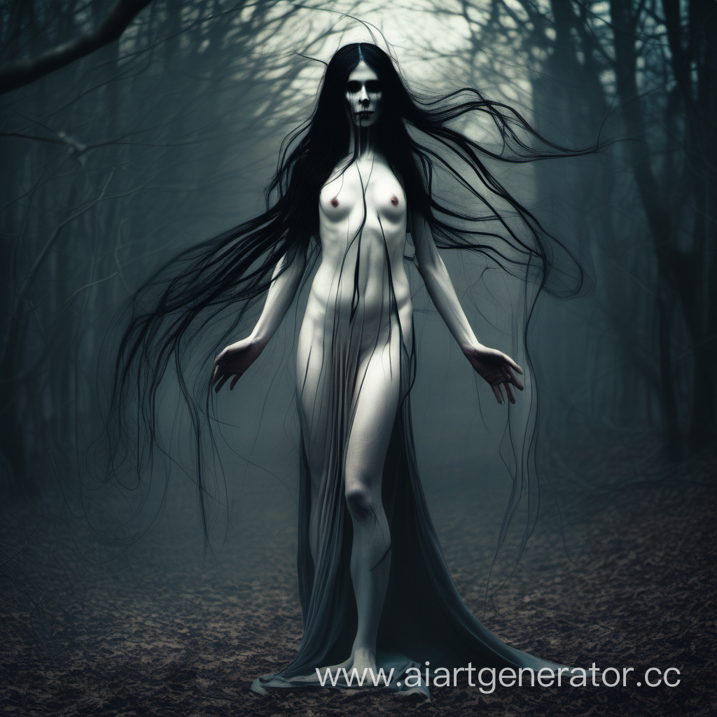 богиня смерти, бледная, худая, молодая женщина с длинными черными волосами, обнажена, волосы прикрывают тело, магия
