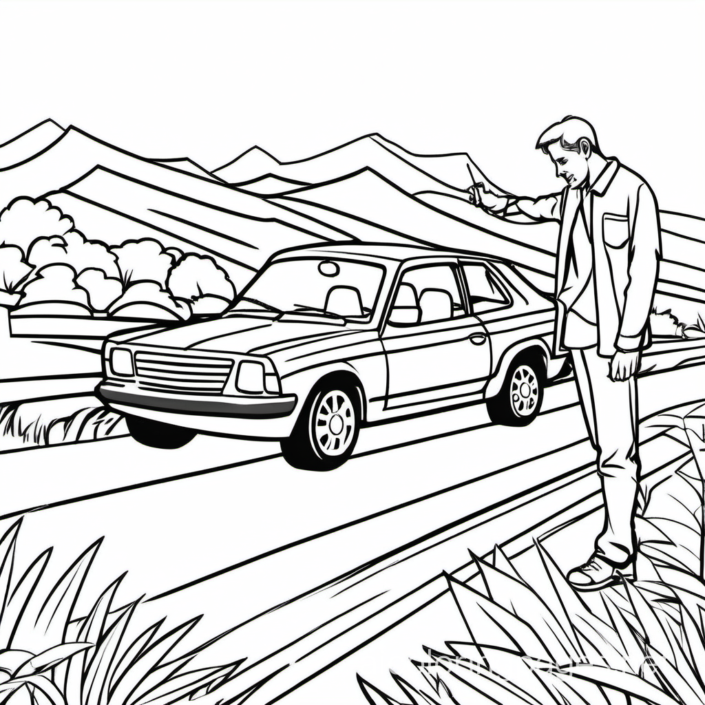 man finding a car, Coloring Page, black and white, line art, white background, Simplicity, Ample White Space. The background of the coloring page is plain white to make it easy for young children to color within the lines. The outlines of all the subjects are easy to distinguish, making it simple for kids to color without too much difficulty
