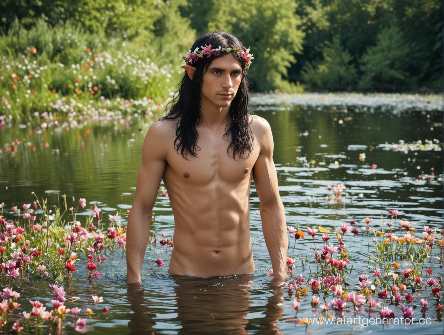 Эльф молодой мужчина раздетый в озере среди цветов, длинные черные волосы