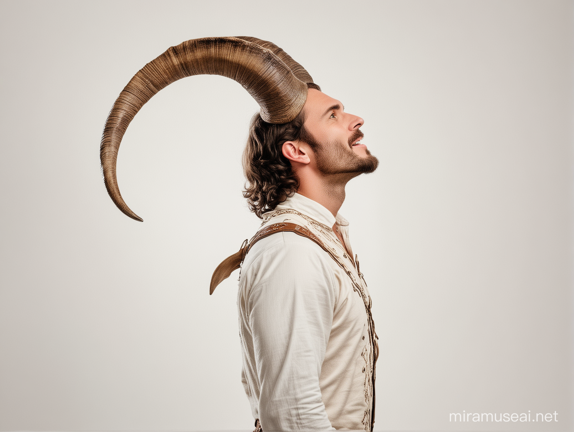 man with rams horns looking up, side view of full body, white background