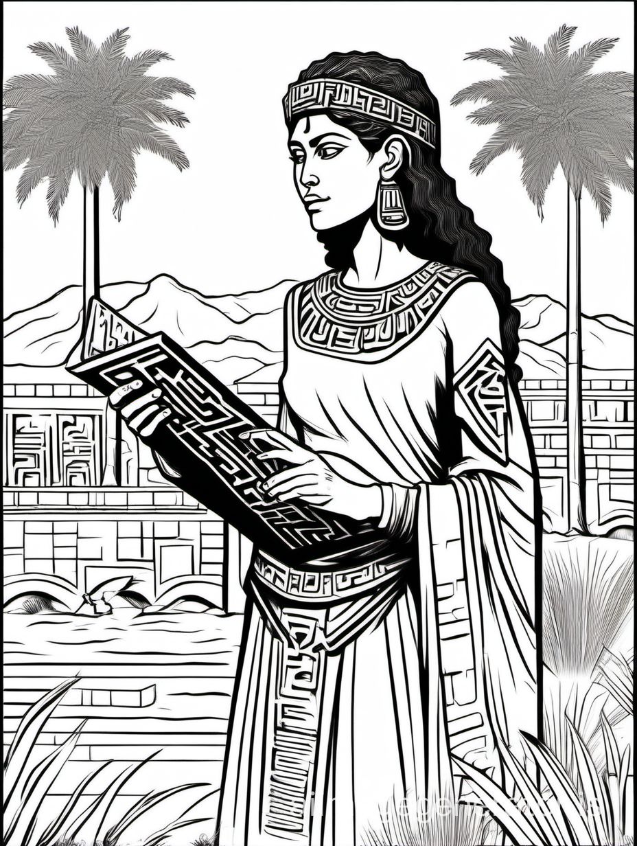 mesopotamia woman holding cuneiform tablet and talking to gilgamesh, babylon, ishtar gate, palm trees, clean simple line art, cuneiform tablets, black and white, sketch art,  marshes, Nebuchadnezzar, fantastic, wonderful, breathtaking, digital art