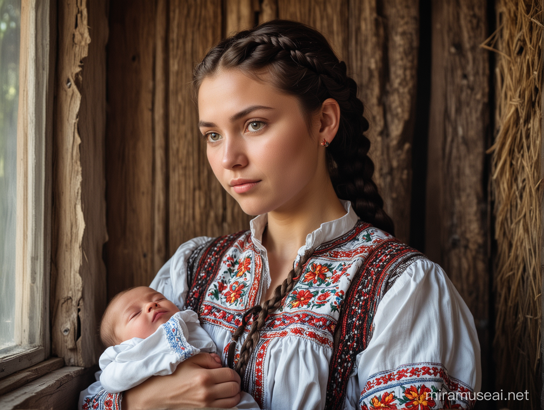 Traditional Ukrainian Girl Gazing Out Window with Baby