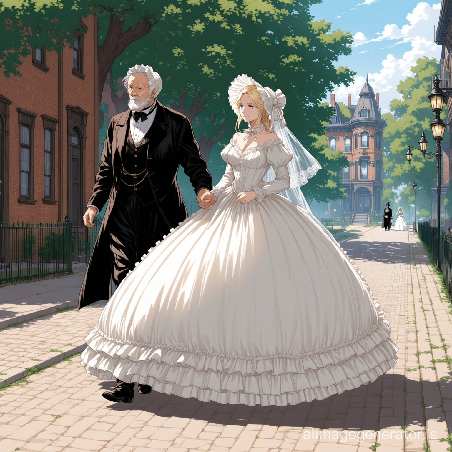 Susan Storm from the FF4 wearing a black floor-length loose billowing 1860 Victorian crinoline poofy dress with a frilly bonnet walking on a Victorian era sidewalk with an old man dressed into a black Victorian suit who seems to be her newlywed husband