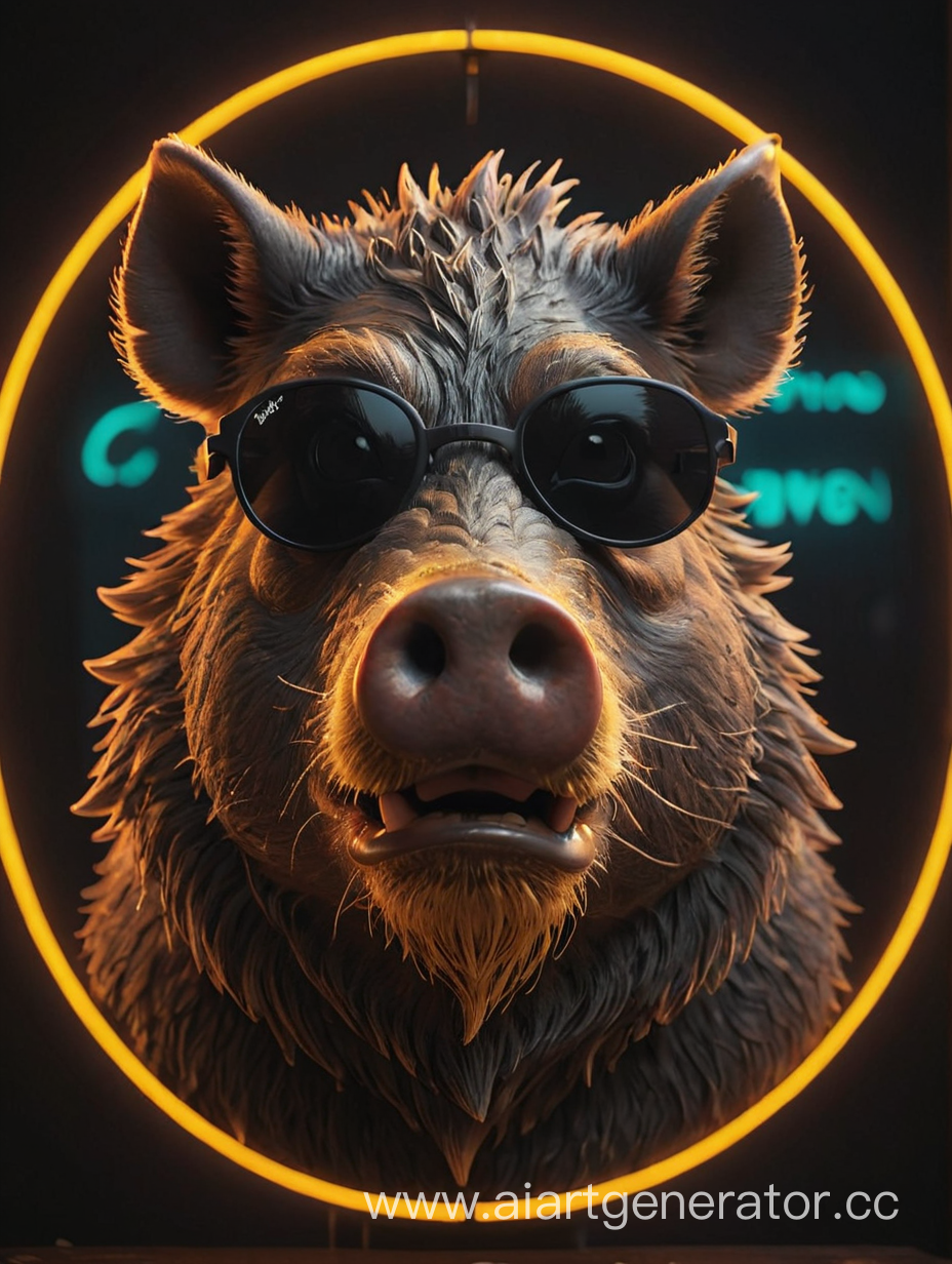 A boar's head with black sunglasses in a neon circle
