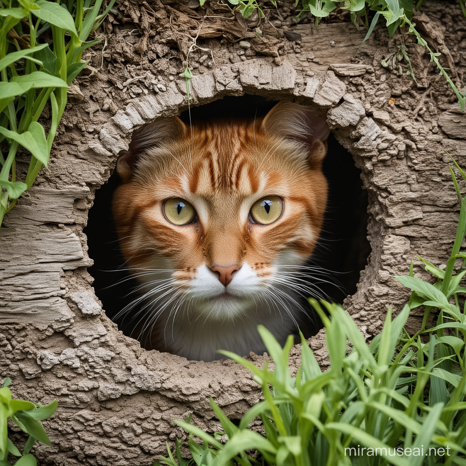 the cat peeks through the hole in the garden
