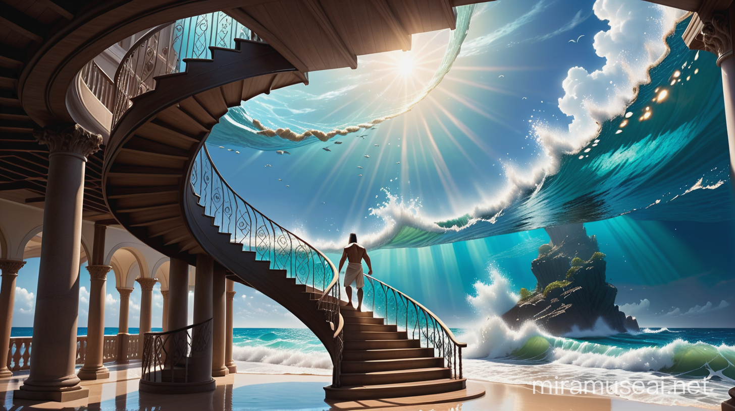 Deep magical ocean with a Majestic spiral staircase. The staircase leads up to the heavens above the ocean to amazing sky opening up with Jesus in the heavens. Jesus reaches his hand to down to save a handsome man strong middle-aged light complected skin tone Latino with great salt and pepper black spiked hair and great beard. The scene is balanced between the deaths of this beautiful Majestic ocean and the gorgeous sky