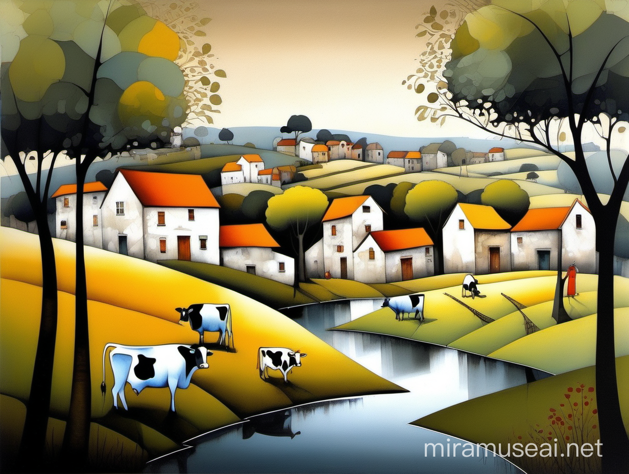 Pale colors gently drawn modern acrylic painted landscape. Farm houses, trees and cows. In style of Didier Lourenço, and Thomas Wells Schaller. Elegant fantasy intricate very attractive fantastic view ultra detailed crisp quality very cute acrylic art naive art Didier Lourenço lithography
