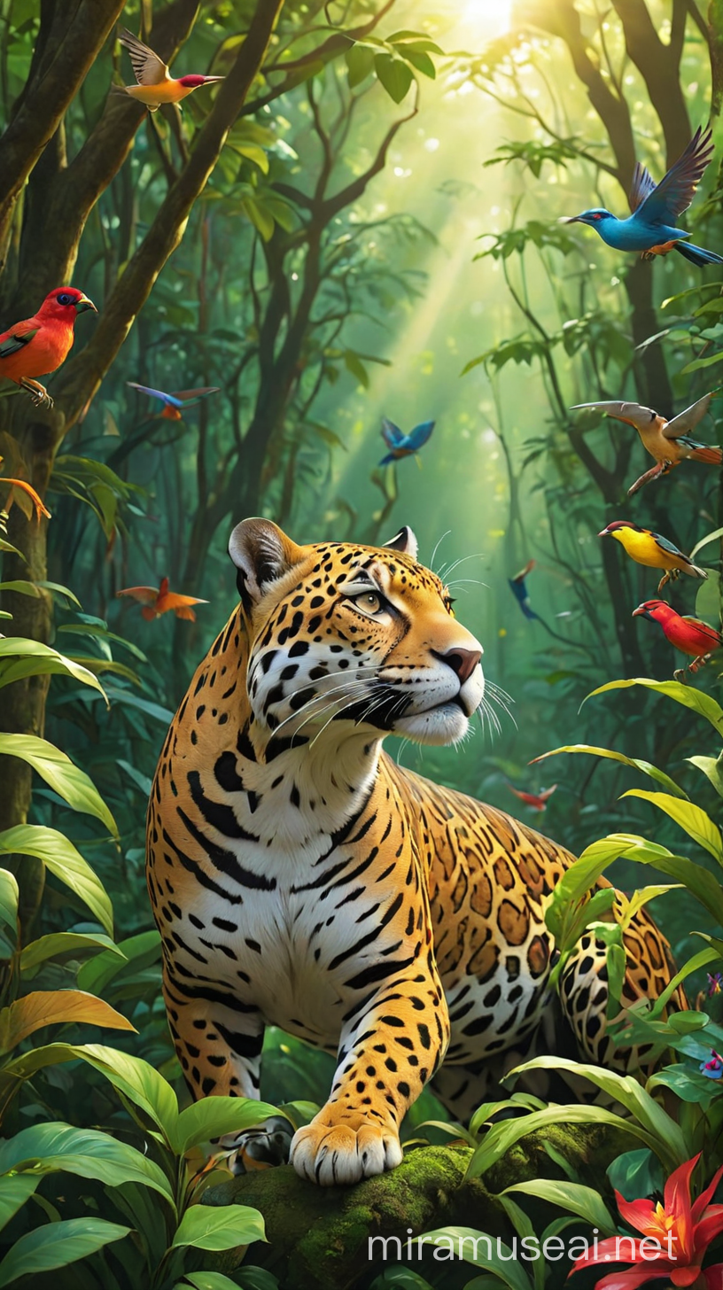 Create a jaguar and colorful birds in dense forest scene with sunlight streaming through the lush canopy, highlighting vibrant foliage and intricate patterns of branches and leaves, coloring book cover,