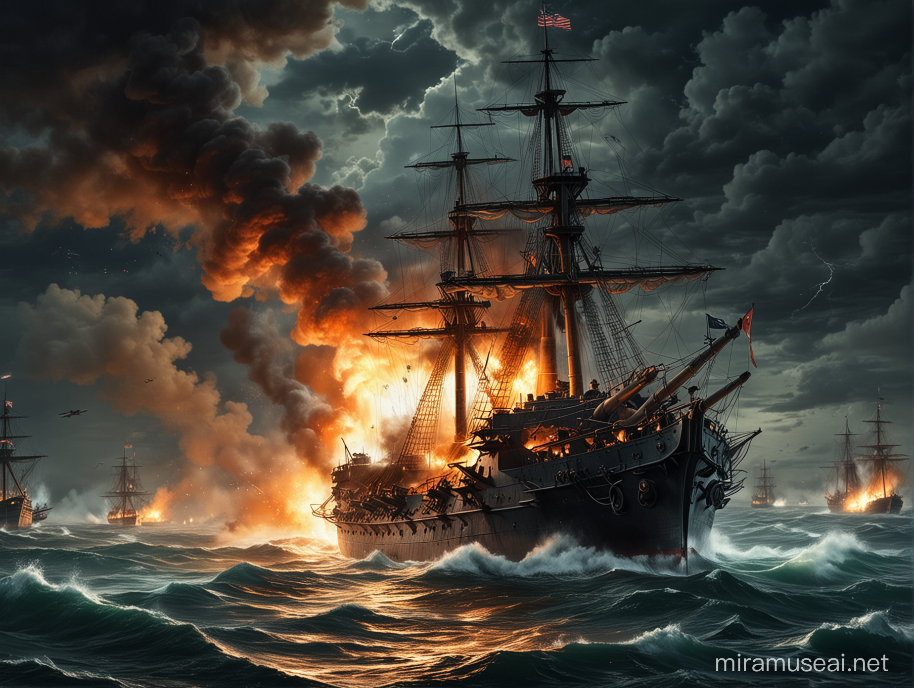 a battleship in war firing cannons and on fire in stormy night