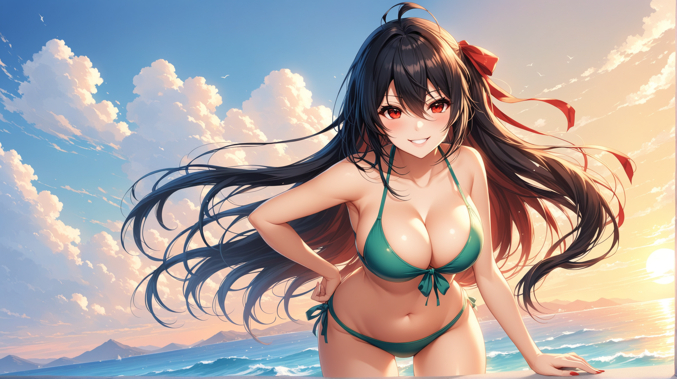 Draw the character Taihou from Azur Lane, red eyes, long hair, high quality, in a cheerful pose, outdoors, swimsuit, smiling at the viewer