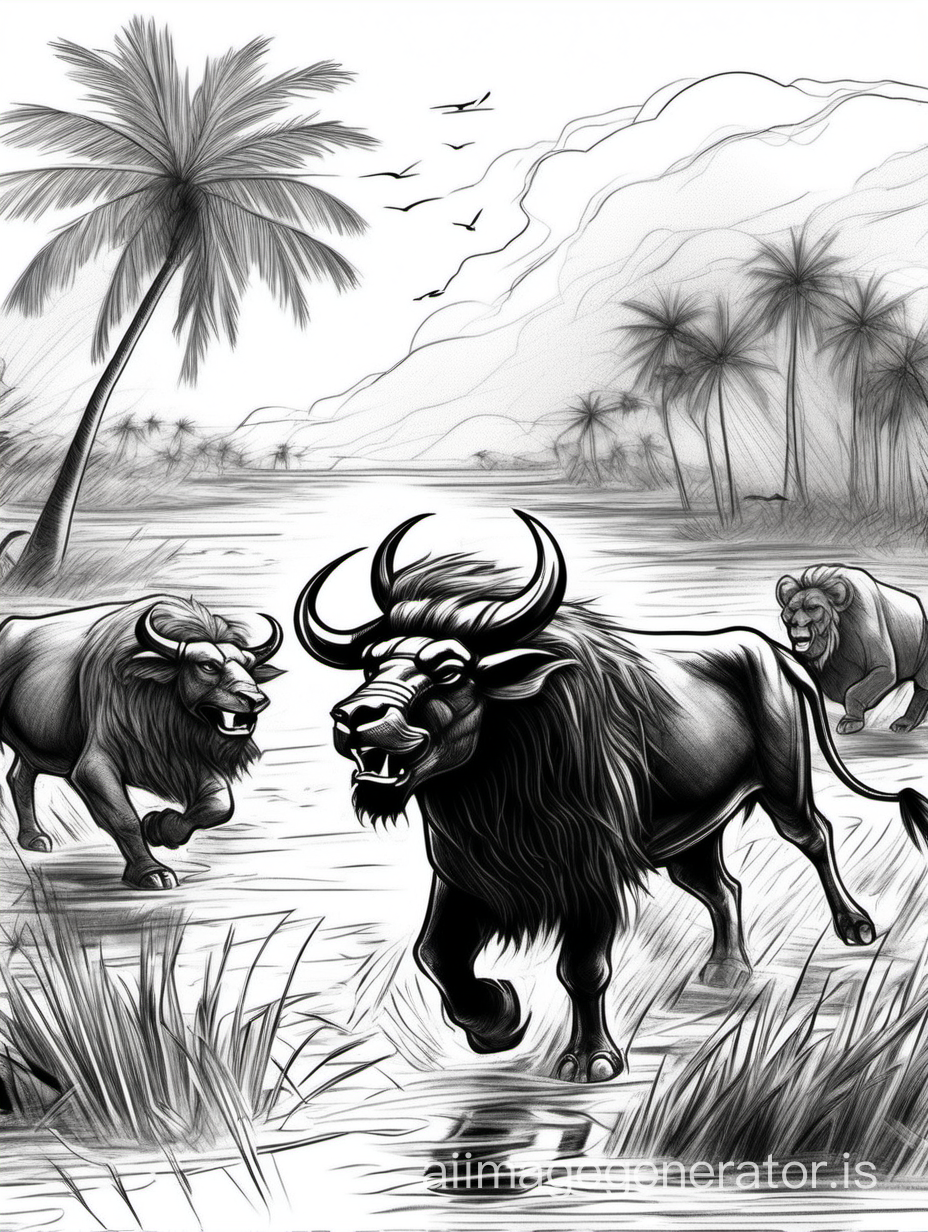 water buffalos fighting a lion, marshes, palm trees, clean and simple line art, black and white, crayon, sketch art, fantastic, wonderful, breathtaking, digital art