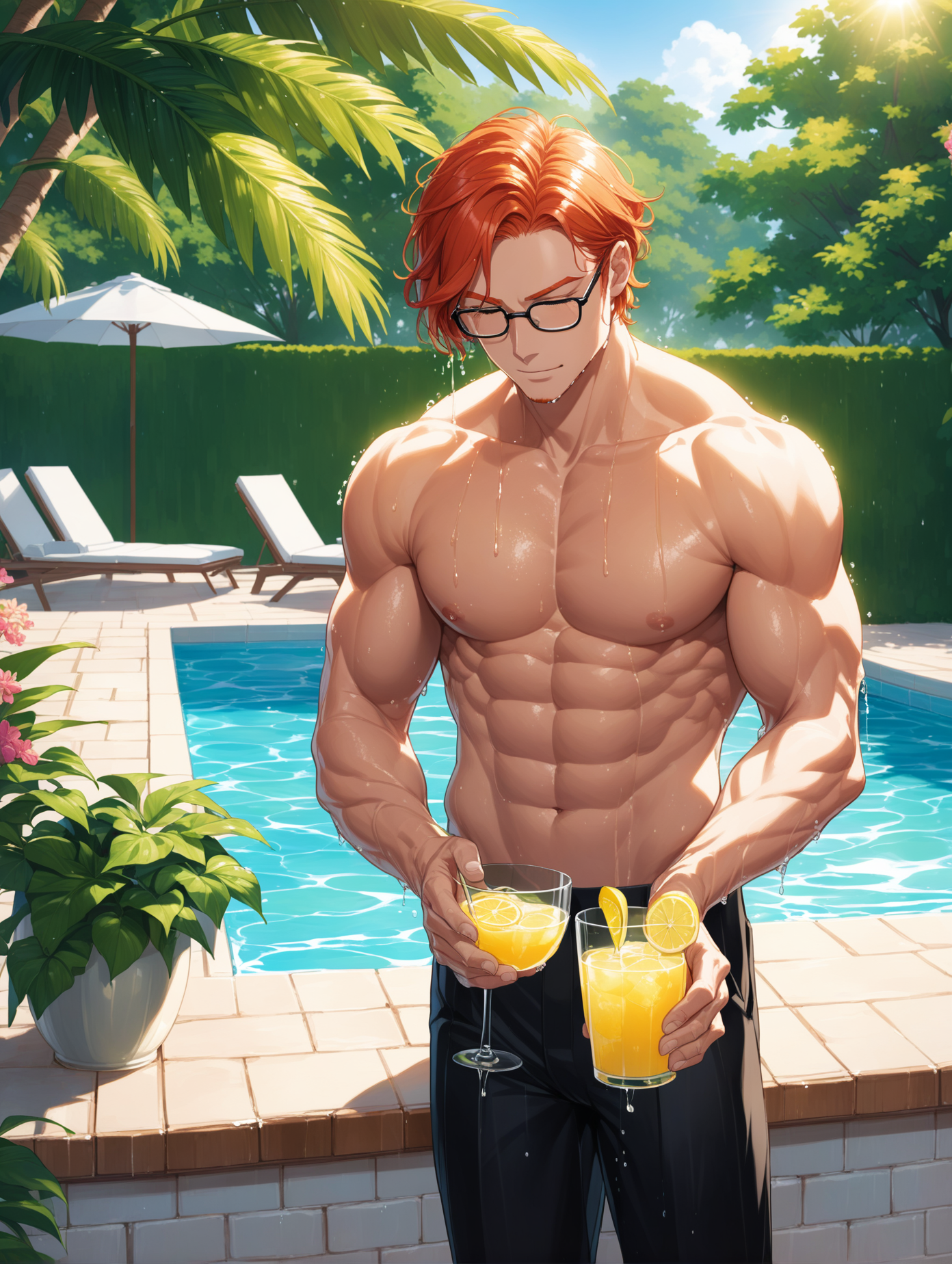 On a scorching summer day, a rugged, shirtless  redhead male butler with short ginger hair and glasses is seen by the pool. He is dripping wet, his well-defined muscles glistening under the sun as he expertly prepares refreshing lemonade for guests. The lush greenery of the backyard provides a serene backdrop, enhancing the tranquility of the scene.