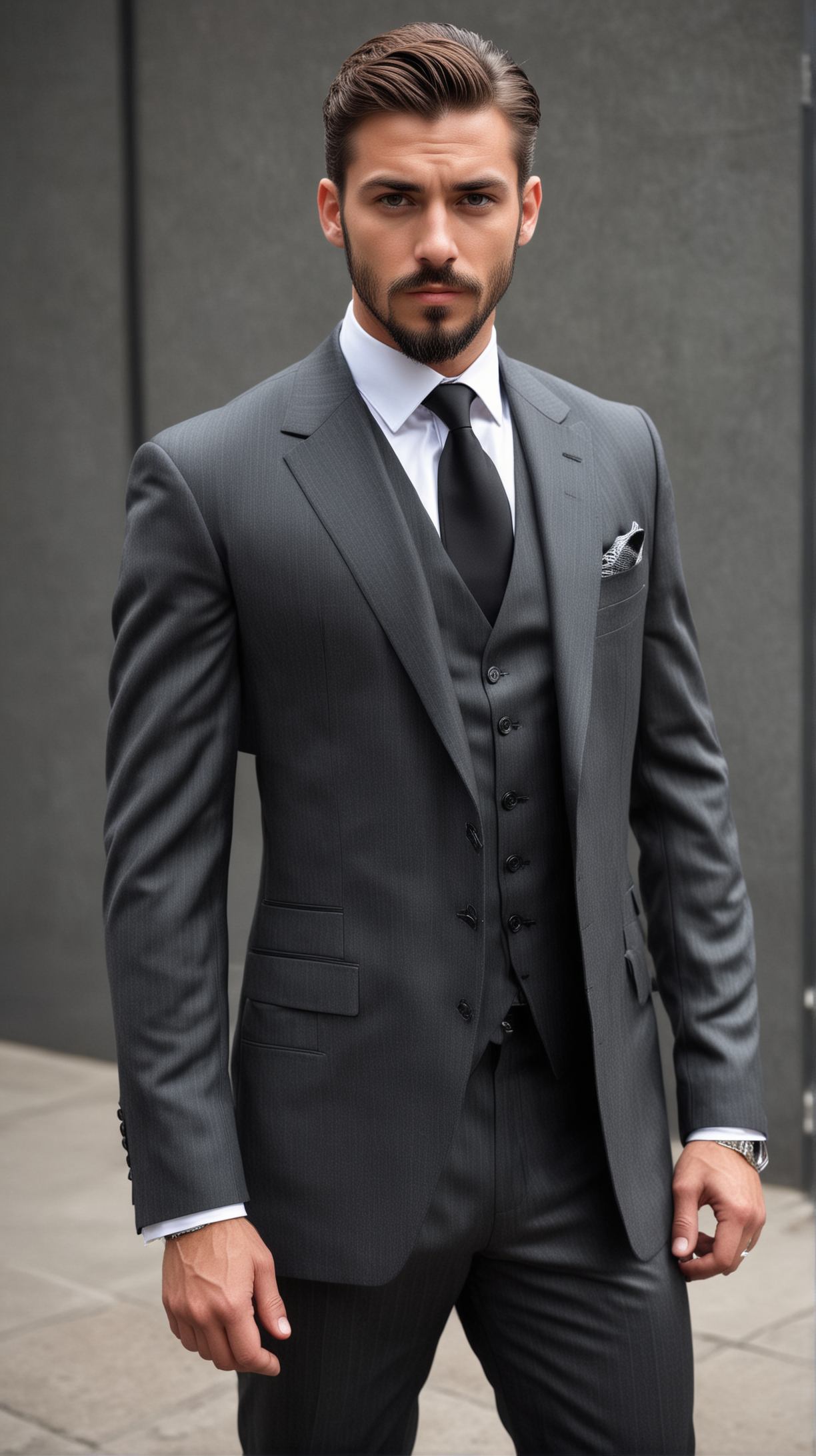 businessman
striking figure
sharp features
confident 
neatly groomed facial hair
powerful
dangerous
piercing eyes
tailored suits
authority figure
sophistication
full body