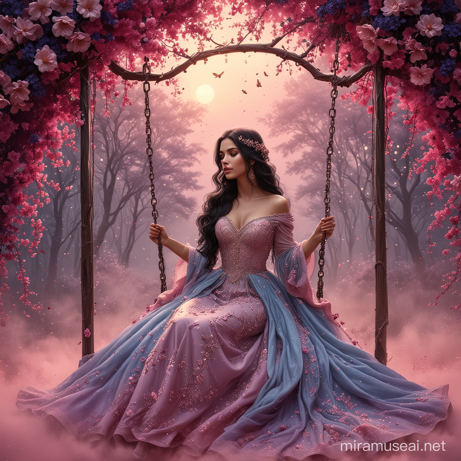 A beautiful woman, from profile, sitting on a swing, in the middle of an opened big fower, surrounded by dark pink dust and small dark purple flowers. Long wavy black hair. Elegant long blue wedding dress,embroidering bridal veil, haute couture. Background sky with golden and dark pink nebula. Background floral trees. 8k, fantasy, illustration, digital art, illustration art, fantasy art, fantasy styl
