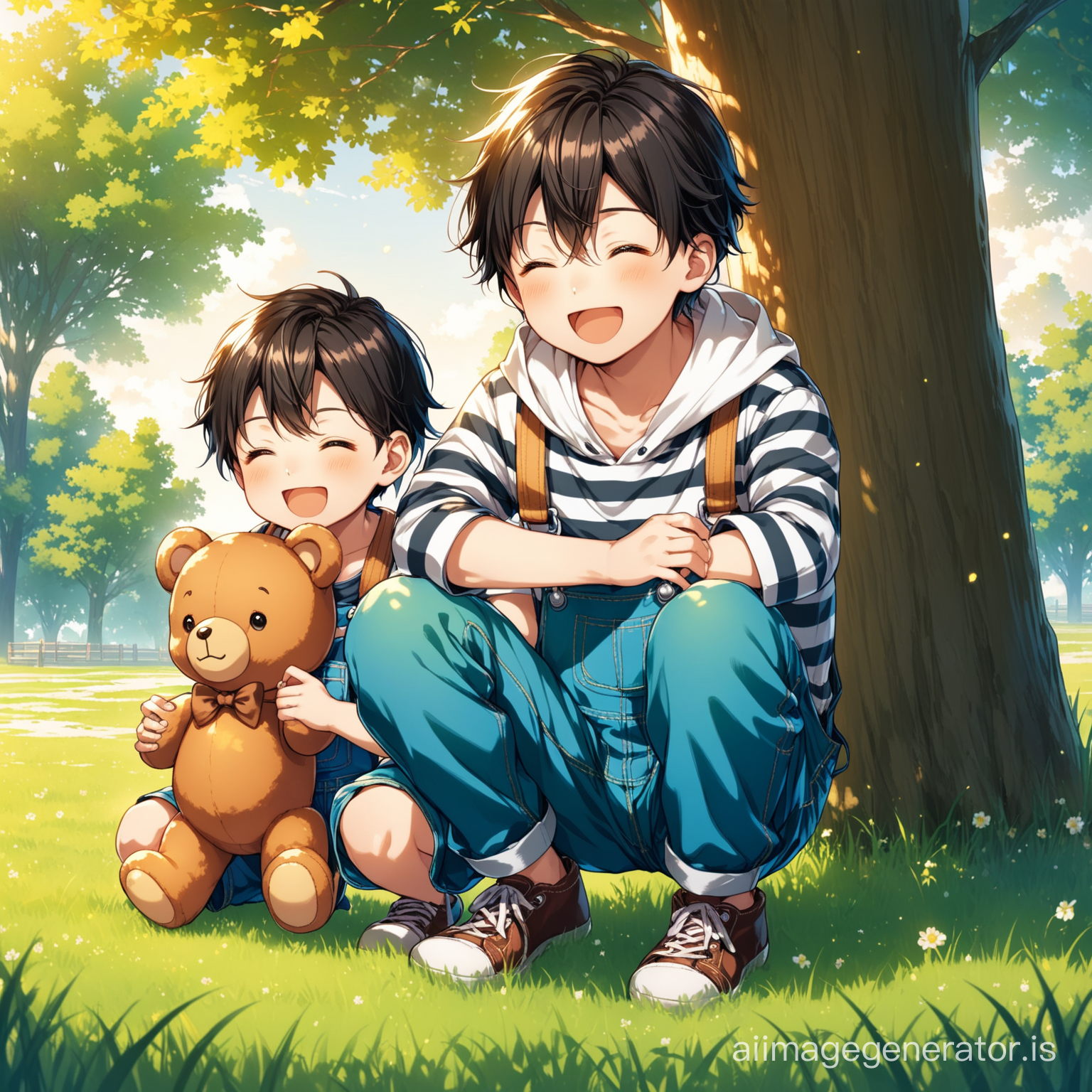 multiple_boys, 2boys, teddy_bear, stuffed_animal, hood, male_focus, stuffed_toy, child, black_hair, smile, hoodie, squatting, brown_hair, open_mouth, closed_eyes, outdoors, aged_down, grass, suspenders, tree, striped_shirt, overalls
