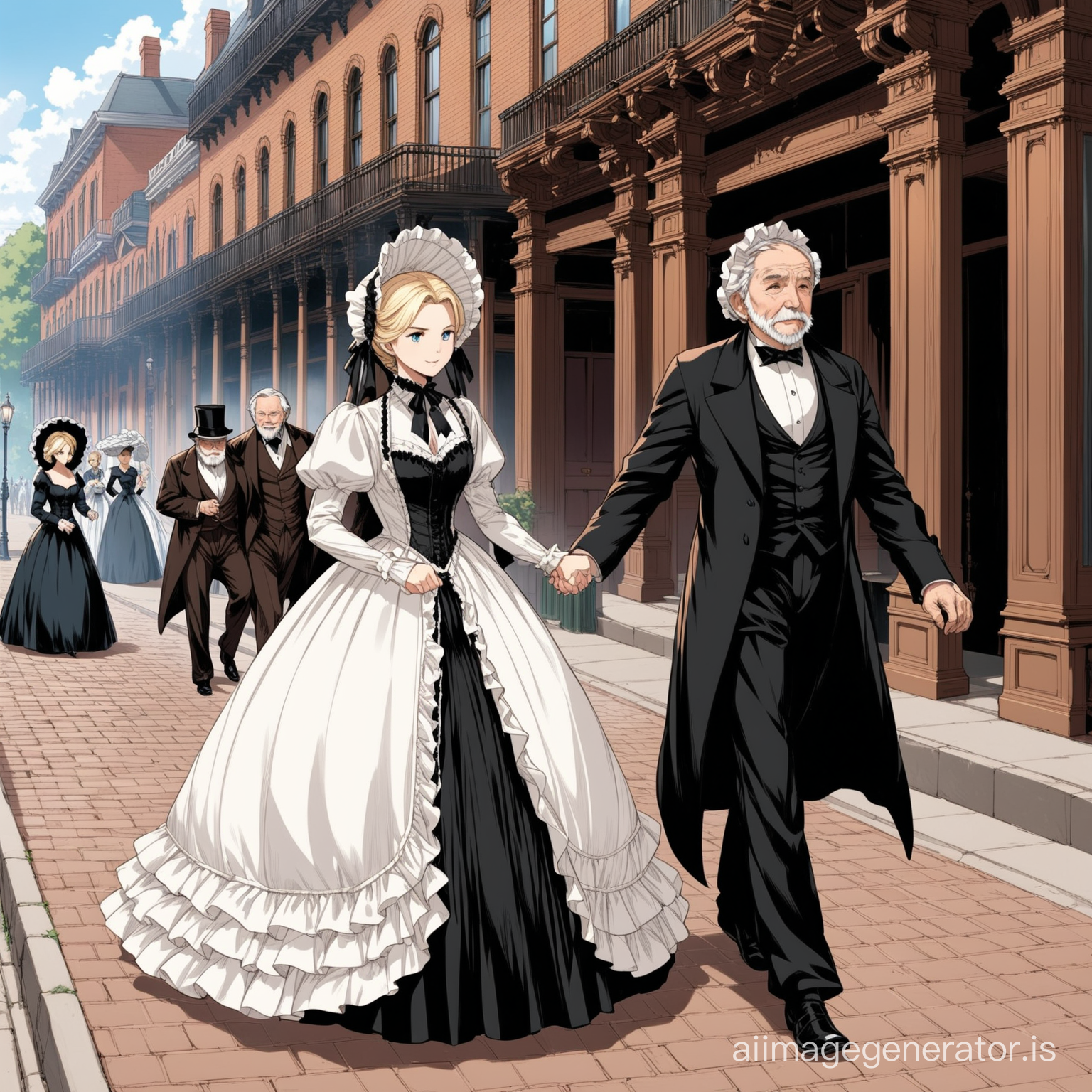 Susan Storm from the FF4 wearing a black floor-length loose billowing 1860 Victorian crinoline poofy dress with a frilly bonnet walking on a Victorian era sidewalk with an old man dressed into a black Victorian suit who seems to be her newlywed husband