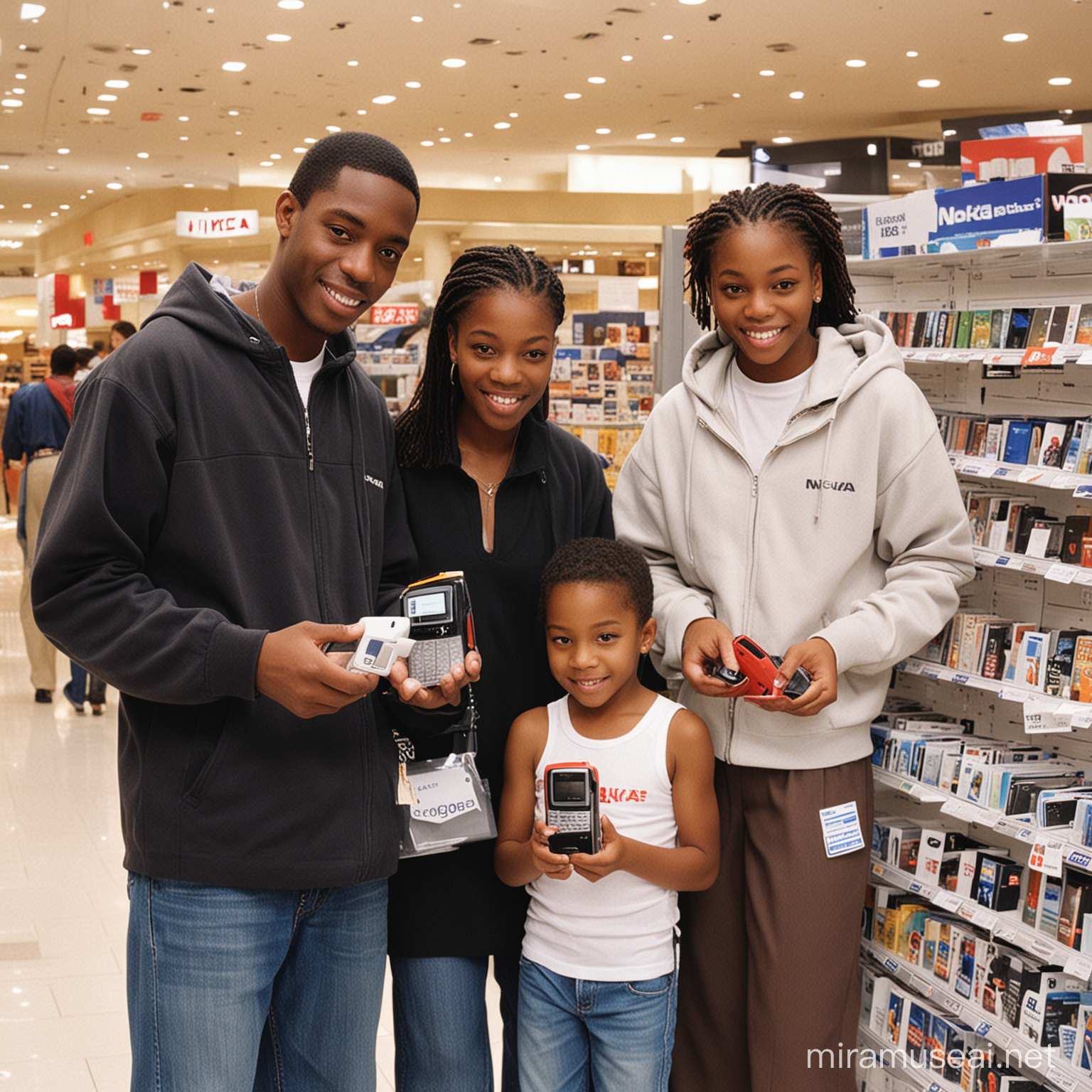 African American Families Unboxing Nokia 3650 Cell Phones in 2003 Mall Scene