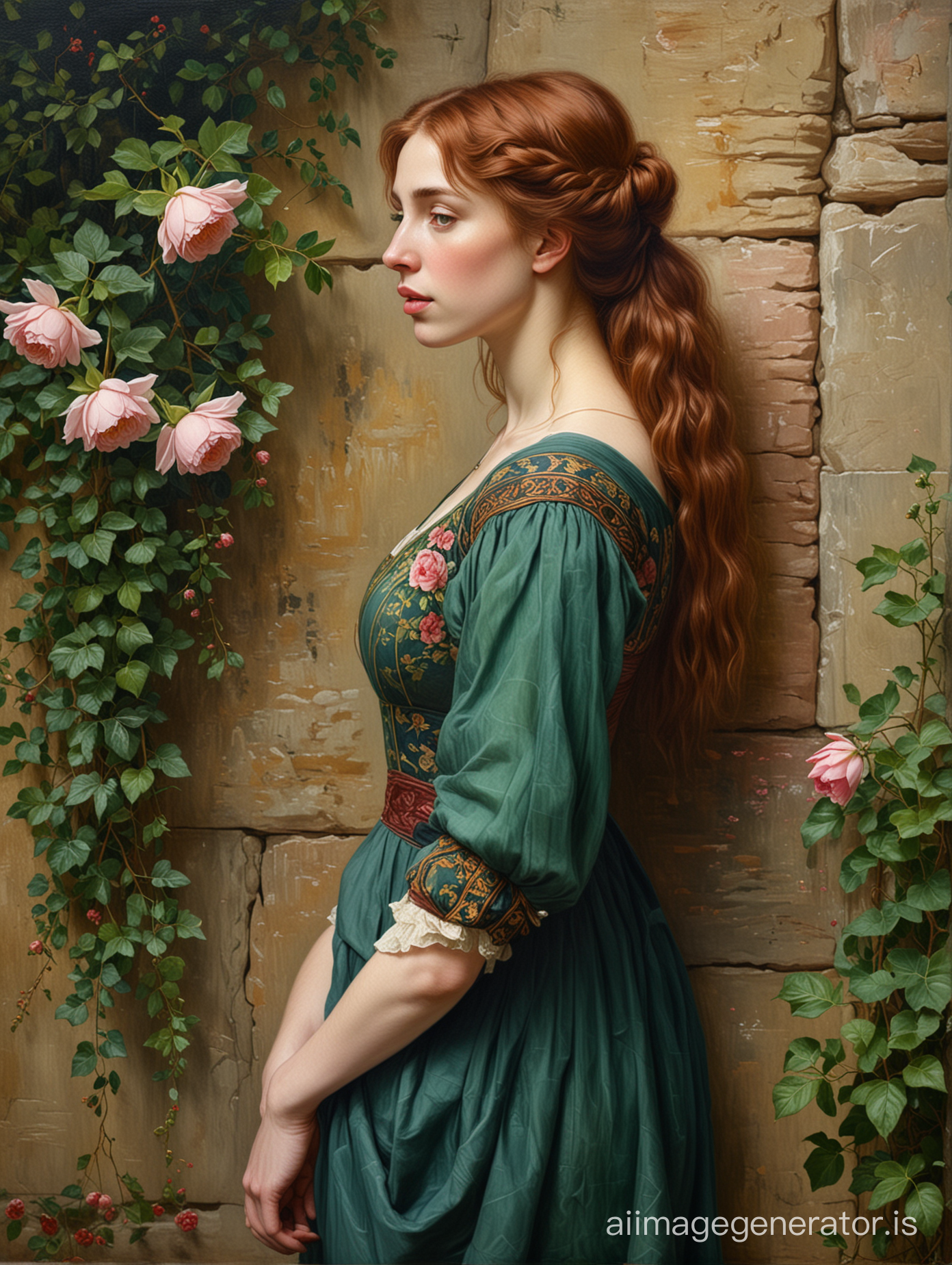 Pre-Raphaelite painting, full-length woman 40 years old, standing against a natural stone wall covered with hedera and roses, diagonal angle, red wavy hair tied in a bun at the back of her head, dark green loose dress made of heavy green fabric with a blue pattern without a belt, a woman holds a pale pink flower in one hand and smells it, soft, warm, diffused light, emphasizing the texture of the fabric and large facial features, thick lips, canvas, oil, brush strokes, texture, golden ratio, style of the artist Waterhouse