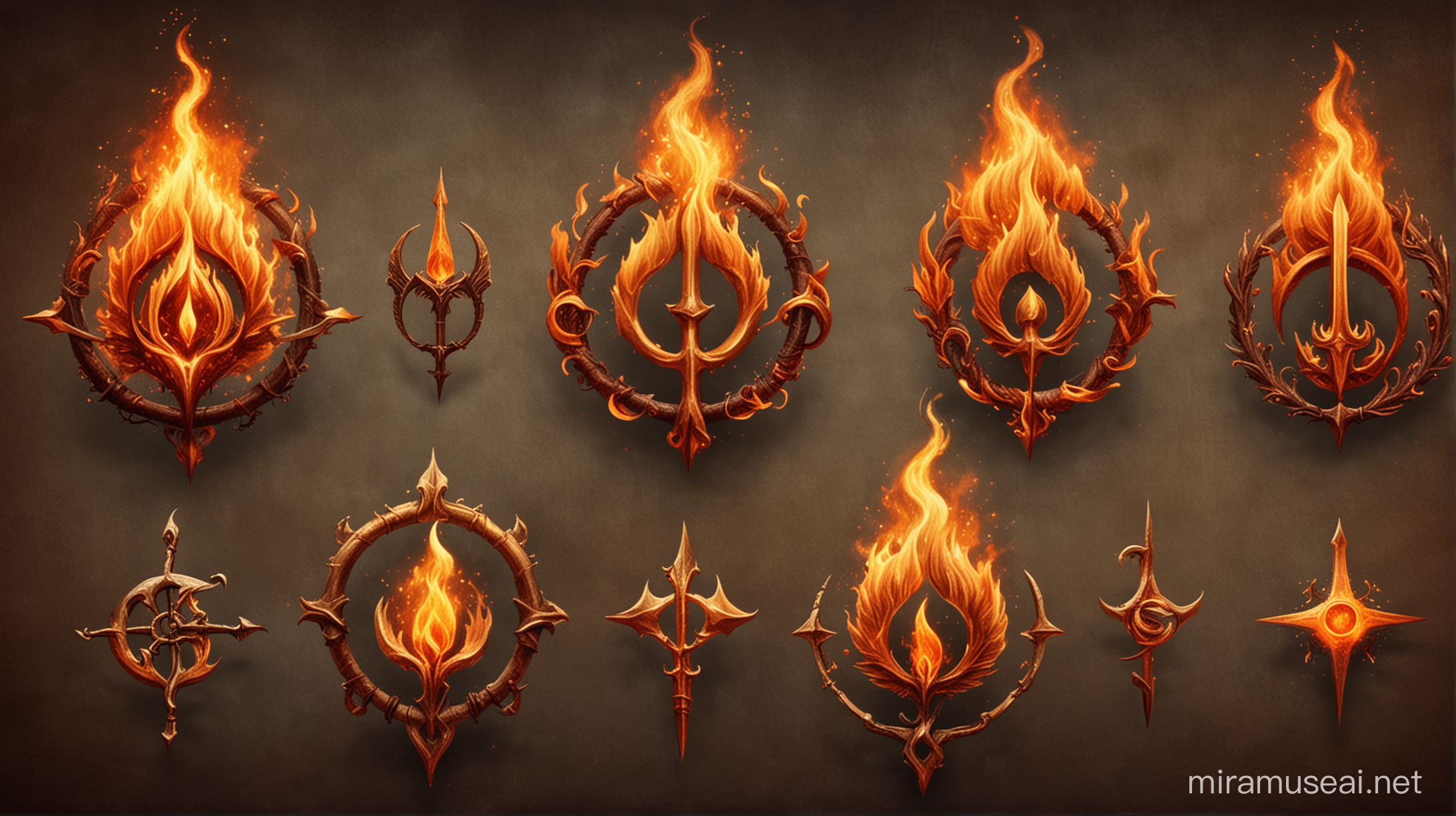 5 simboli  fantasy distinti ma di dimensioni uguali rappresentanti il fuoco
