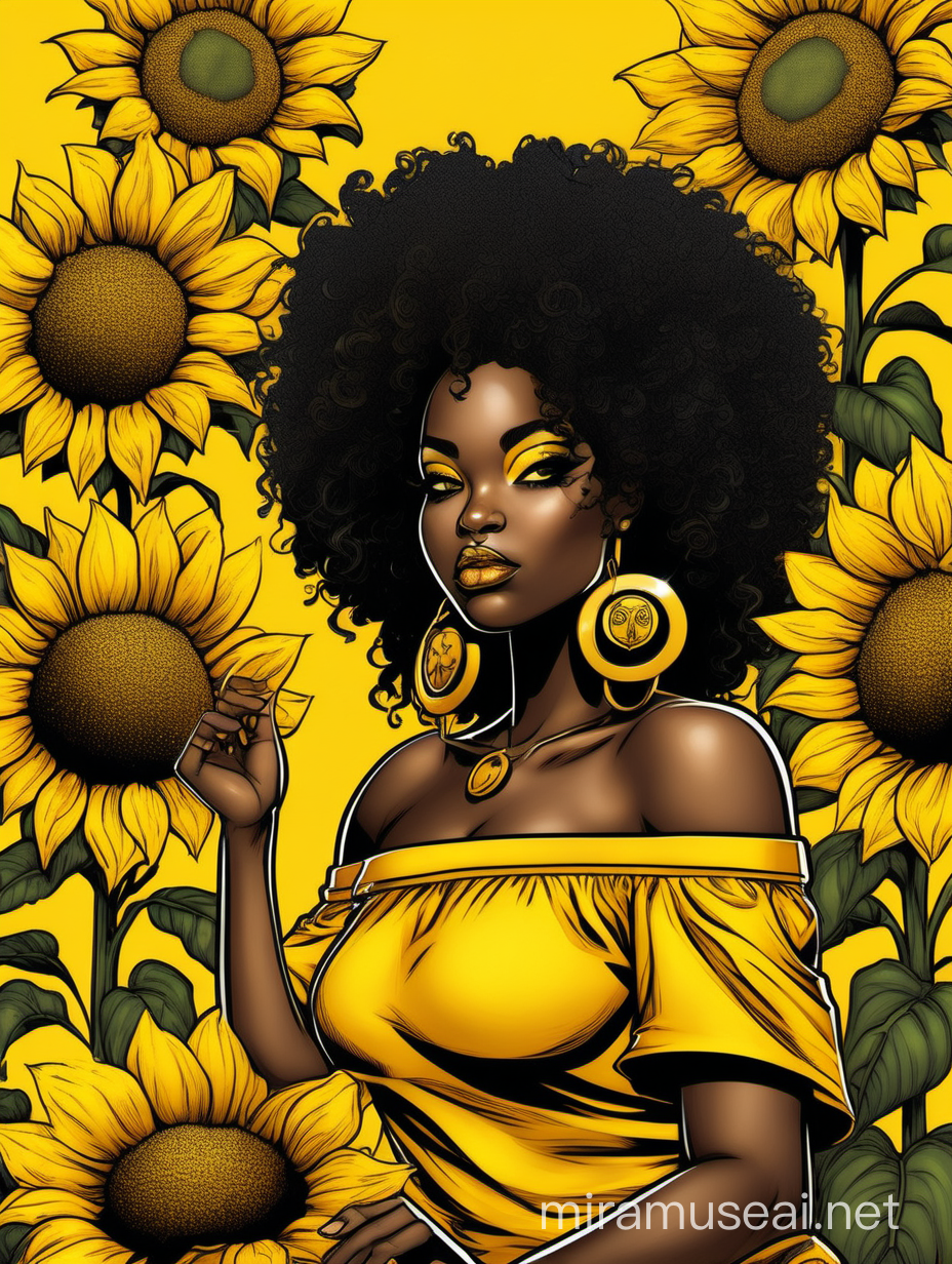 Create an comic book art image of a curvy black female wearing a yellow off the shoulder blouse and she is looking down holding the astrological Leo symbol with Prominent makeup. Highly detailed tightly curly black afro. Background of large yellow sunflowers surrounding her