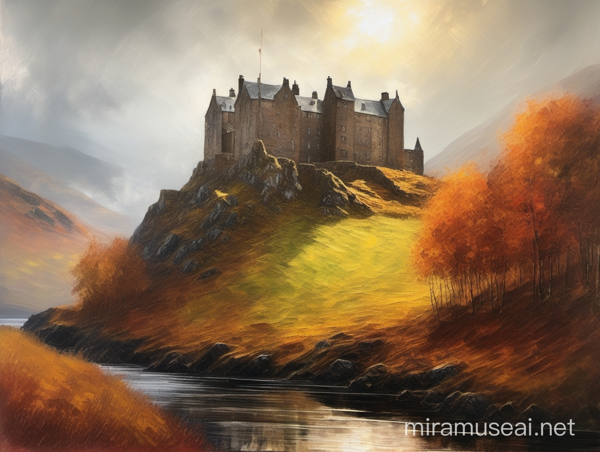 view of a scottish landscape in the highlands, old castle, autumn, sun shining through fog, detailed oilpanting with thick impasto, perfect composition