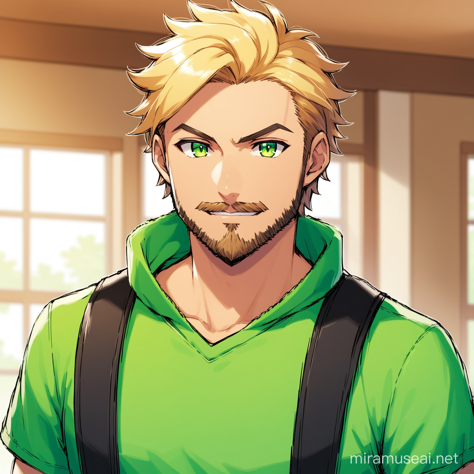 A blonde Pokémon trainer with green eyes and a stubble beard