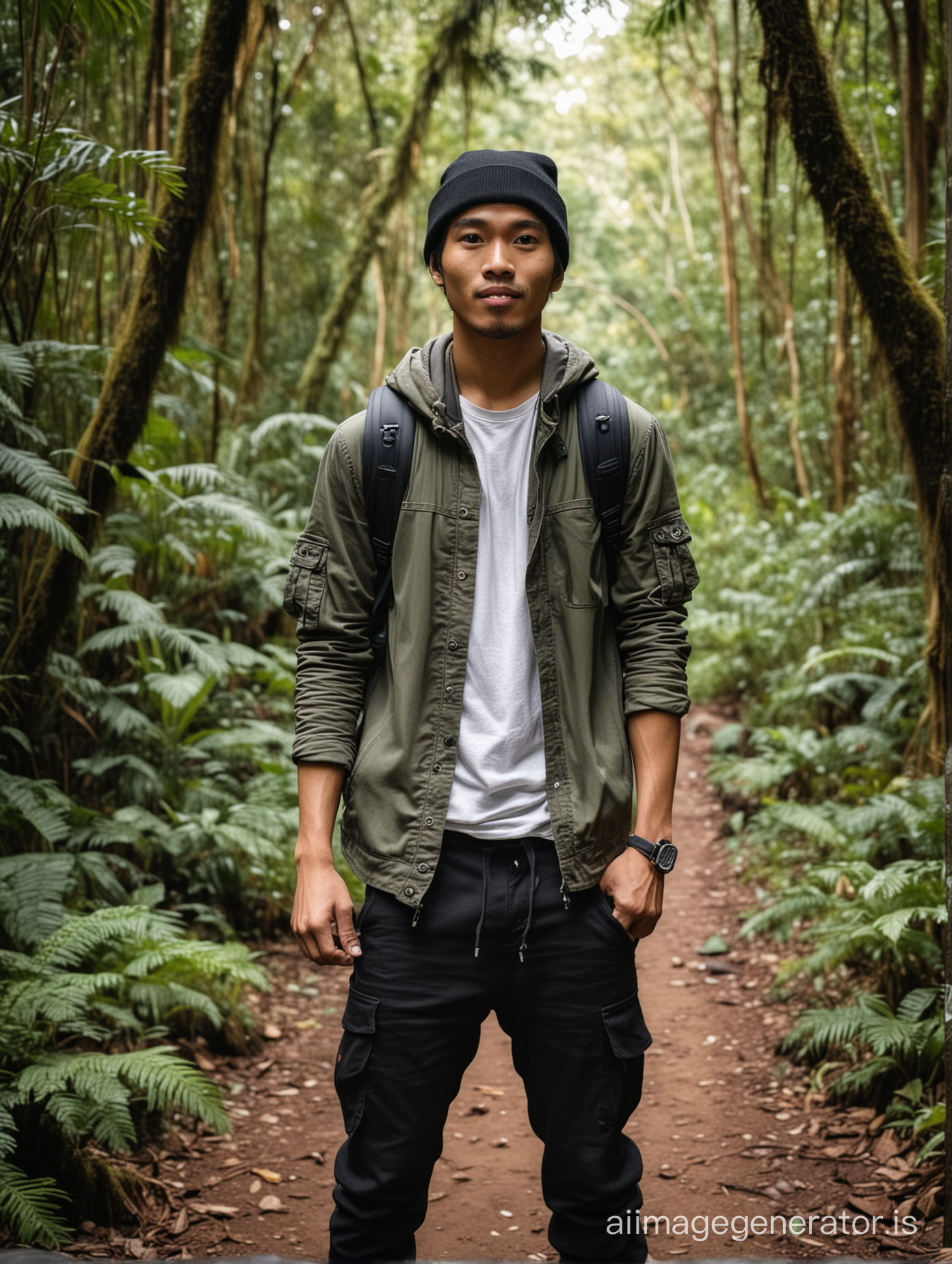 Young Indonesian man, wearing outfit traveler, black beanie hat, eye level angle, Full body, Hiking, rainforest