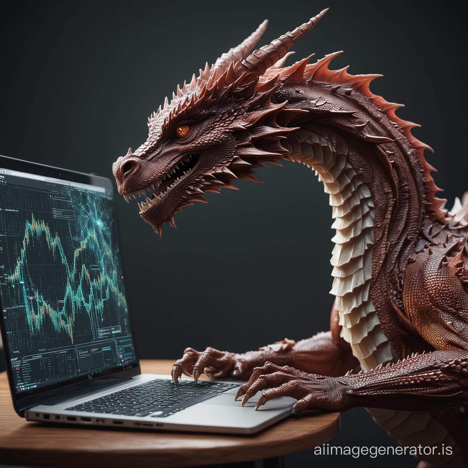 Generate an image showcasing a dragon within a data science environment, specifically tailored for a data scientist working on a laptop. Envision the dragon as a metaphorical representation of the data scientist's expertise and prowess in navigating complex datasets and algorithms. Incorporate elements such as a laptop displaying intricate data visualizations or code, symbolizing the fusion of technology and data analysis. The dragon should exude an aura of intelligence and sophistication, serving as a powerful ally in the data scientist's quest for knowledge and insights. Ensure the scene harmoniously blends fantasy with the practicality of data science, inspiring viewers to explore the limitless possibilities at the intersection of imagination and analytical rigor