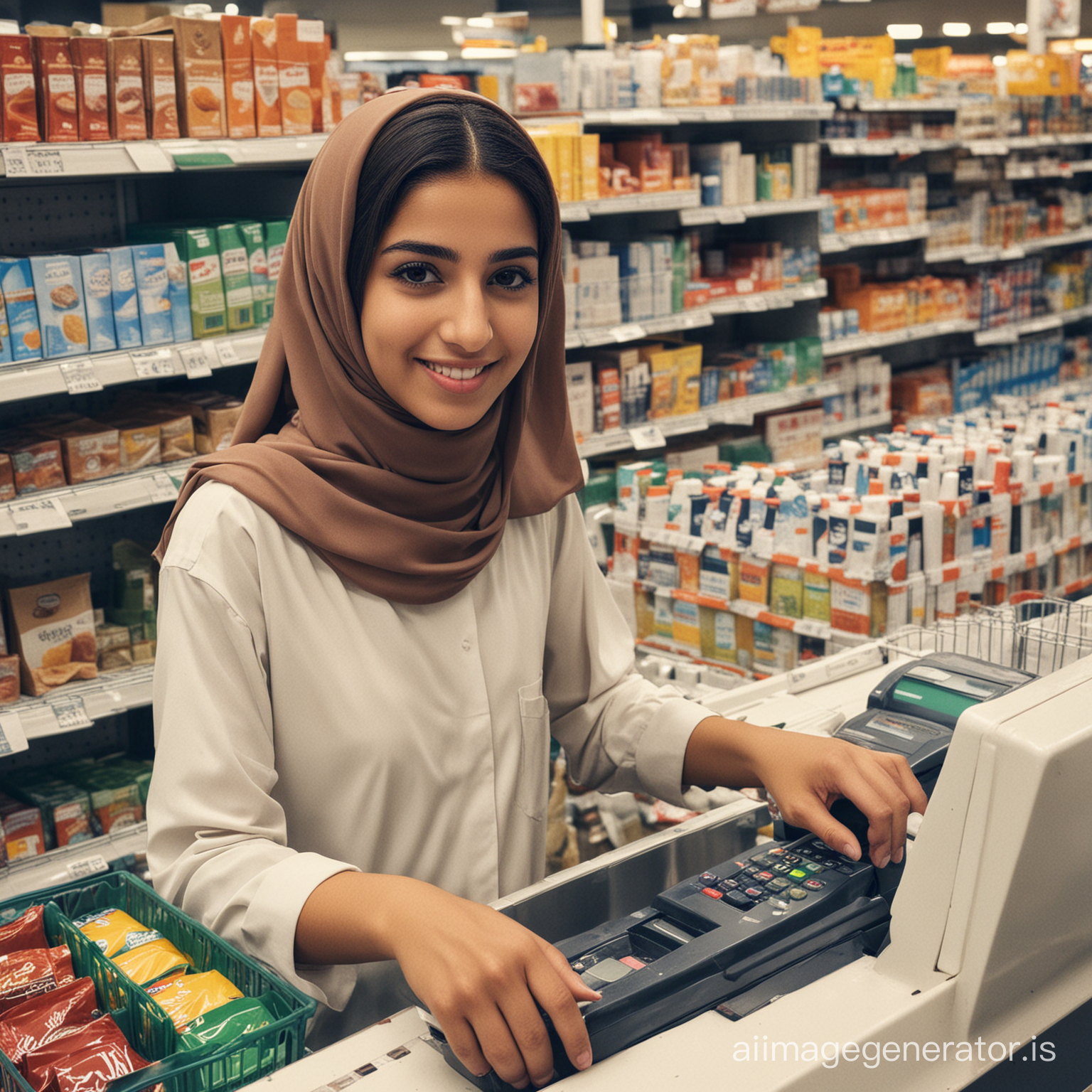 An Arab girl cashier in a supermarket
