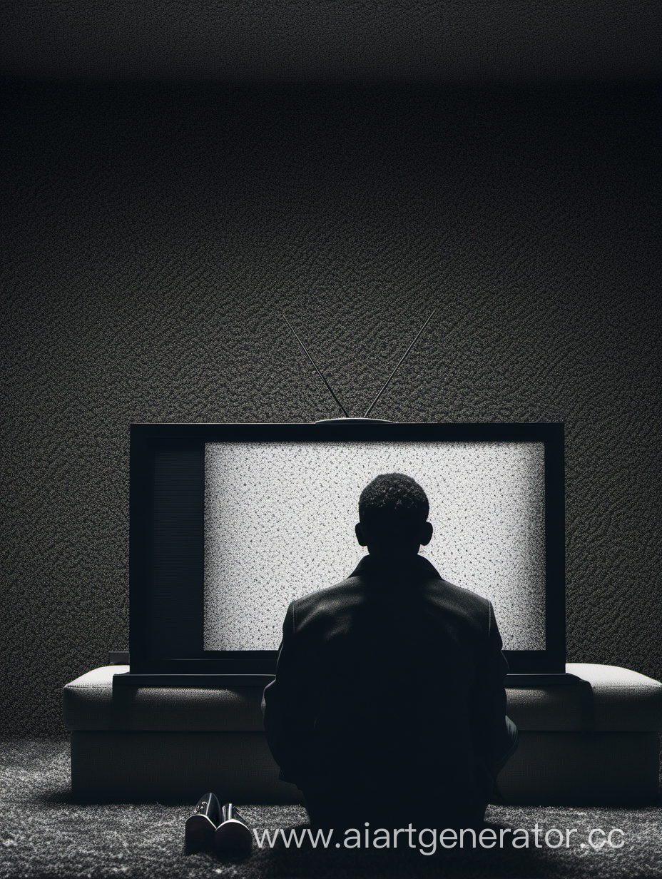 черный телевизор, белый шум на экране, мужчина сидит на темном диване, без света, камера за спиной мужчины
