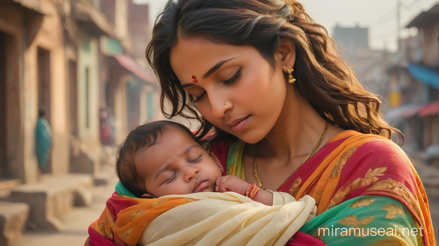 /imagine Portrait photo of a young mother from india rocking one baby to sleep. The mother is dressed in a bright colored saree. The baby is wrapped in a light colored blanket. The surrounding area is a city in india. --style raw --ar 4:5 --stylize 150